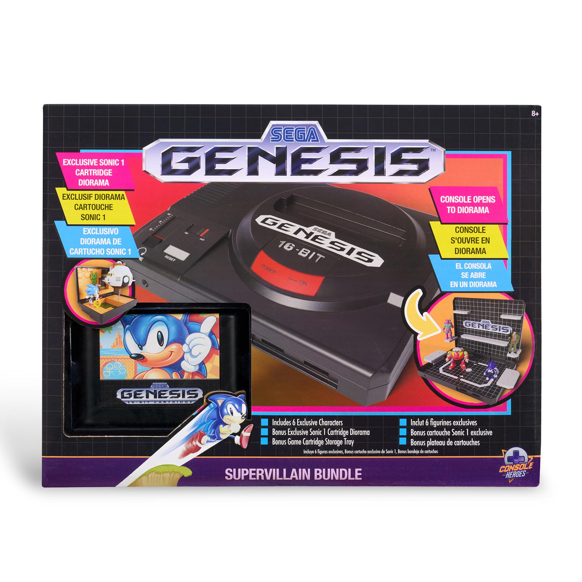 SEGA Genesis Display Console - Supervillain Boss Bundle with Sonic the Hedgehog 1 + Cartridge Storage Tray (Death Egg Robot, Mecha Sonic Mk II, Mr. X