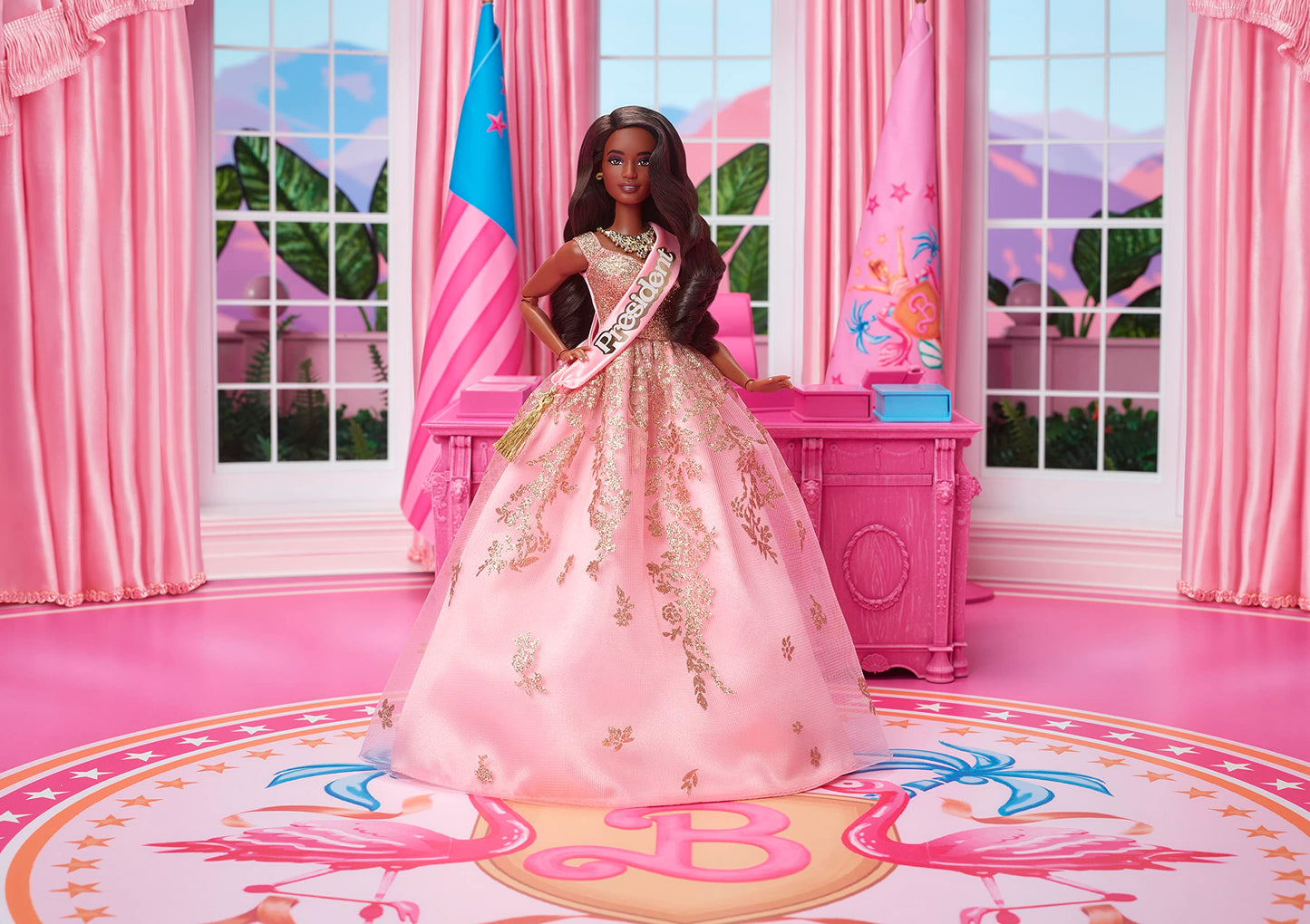 Barbie The Movie Doll, President Collectible Wearing Shimmery Pink & Gold Dress with Sash