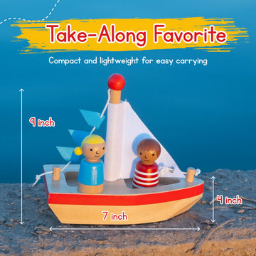 Wooden Toy Boat with Sailor Buddies- Jack Rabbit Creations- Floating Bath Toys for Kids- Boy & Girl Set- Vintage Inspired Eco-Friendly Water Play
