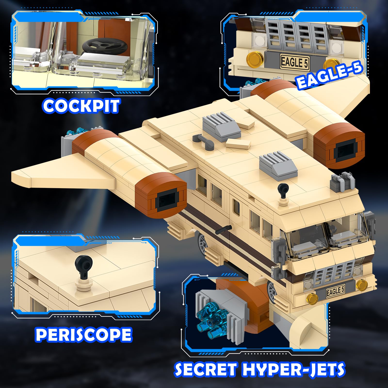 Nubee Spaceballs Eagle 5 Building Set, Space Movie Car Moc Model with Cockpit Secret Hyper-Jets Periscope Barf's Room, Birthday Gift for Fans Teens