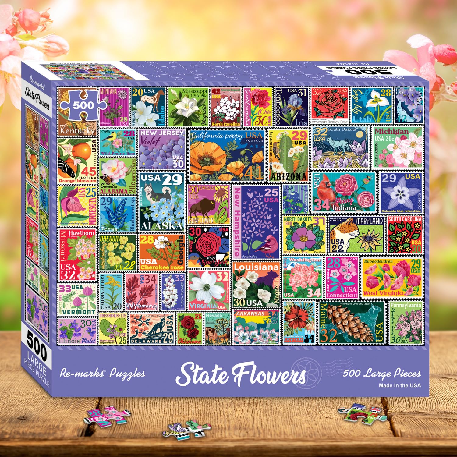 Re-marks State Flowers Stamp Collage Jigsaw Puzzle, 500 Large Piece Jigsaw Puzzle for All Ages