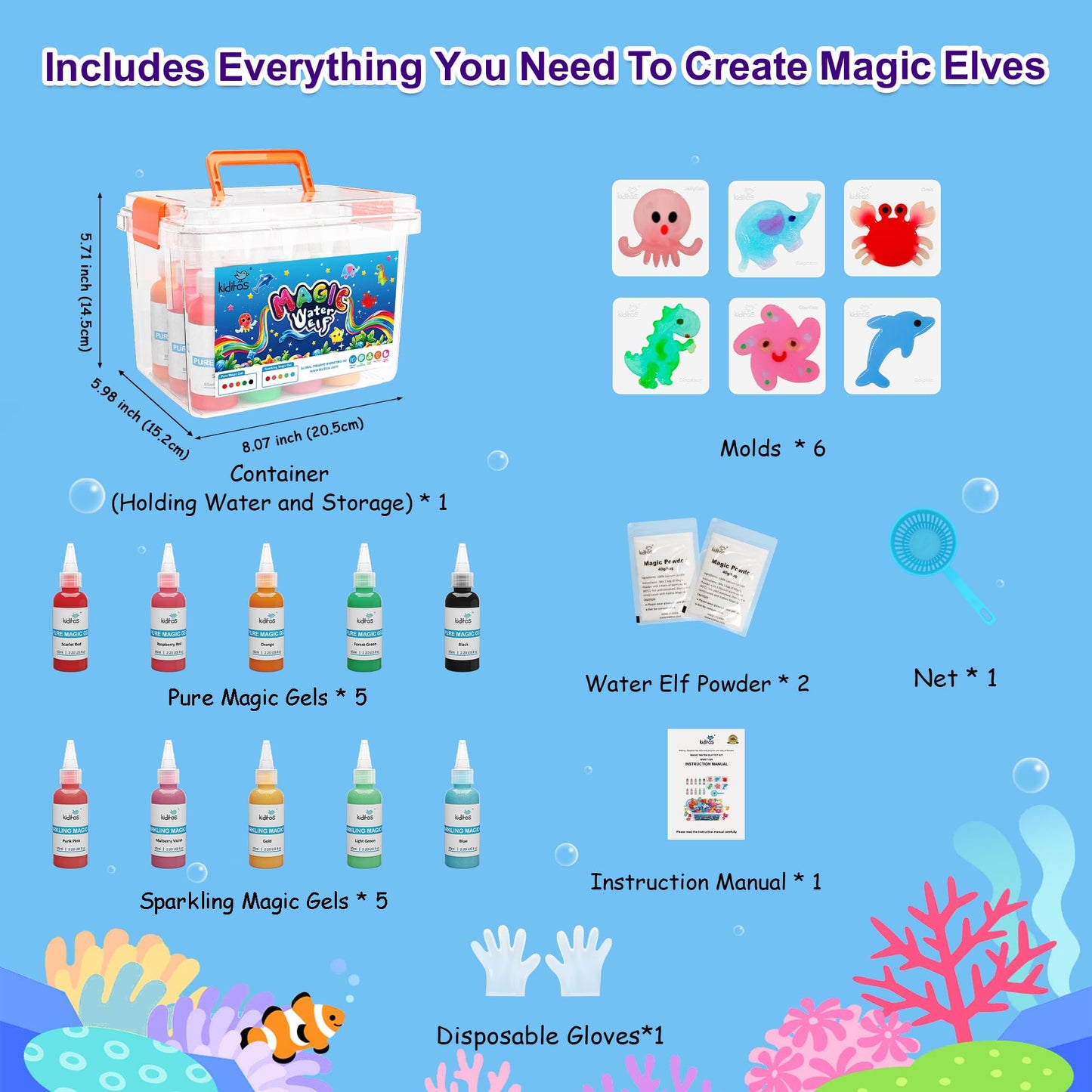 Kiditos Magic Water Elf Toy Kit,Squishies for Kids,10 Gels & 6 Molds