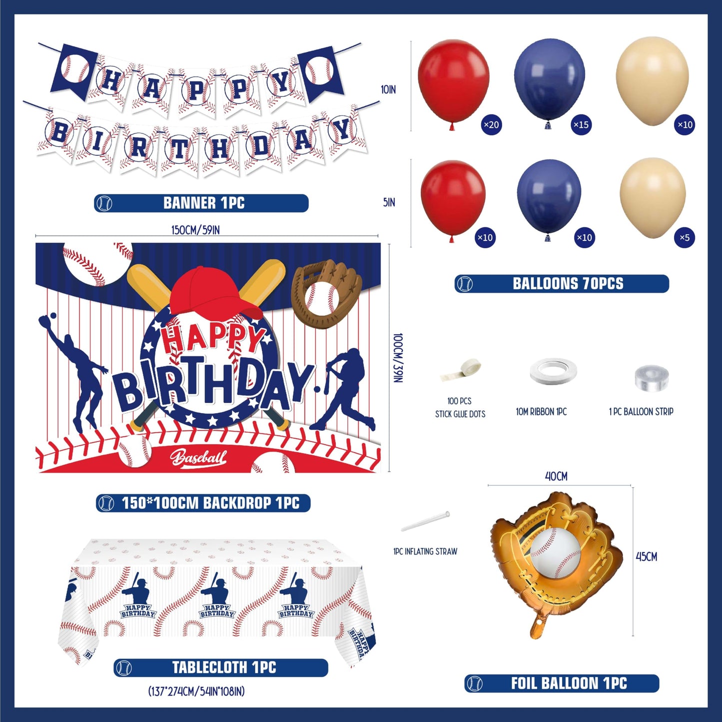 Baseball Party Decorations, Include Sport Themed Birthday Backdrop, Happy Birthday Banners, Baseball Balloons, Honeycomb Centerpiece