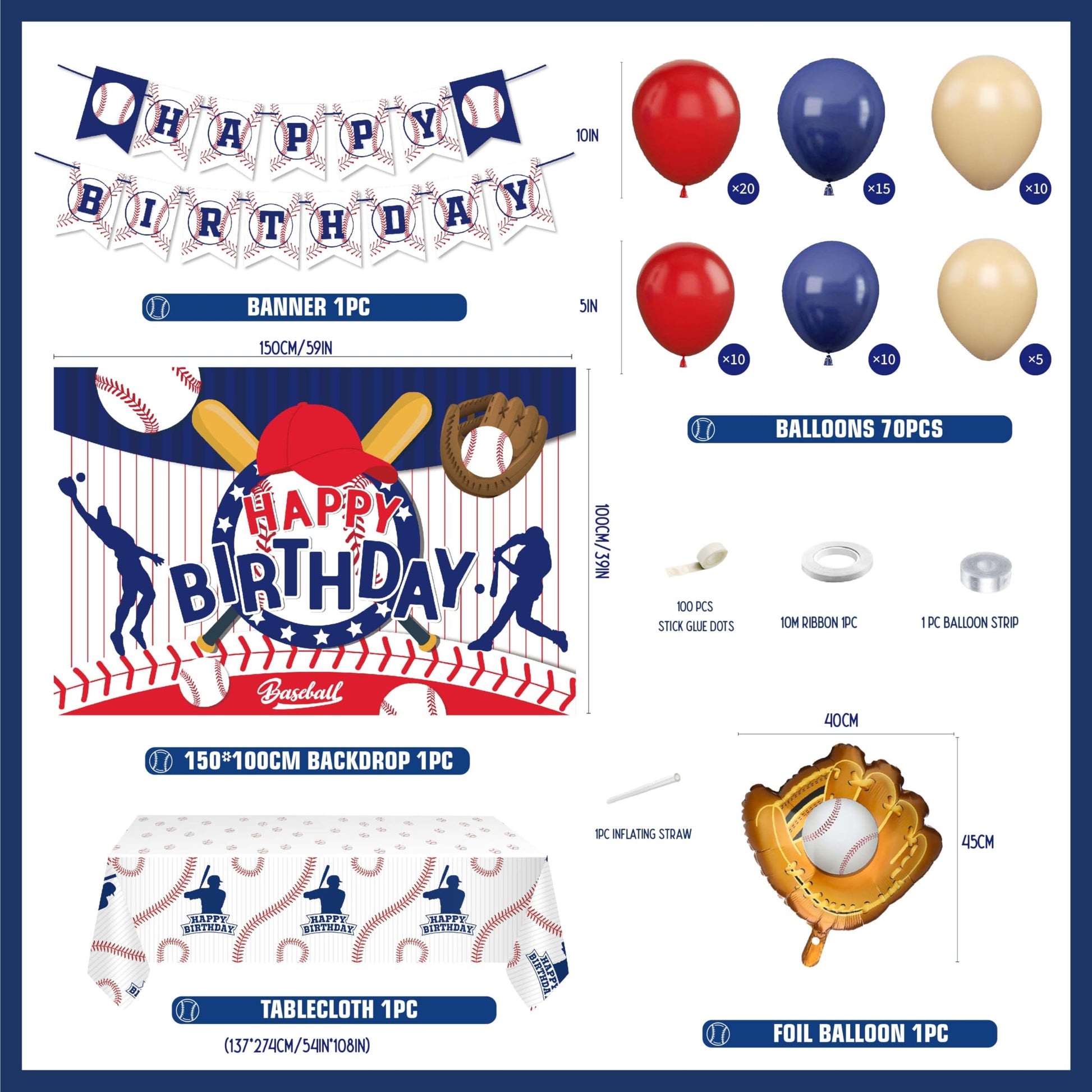 Baseball Party Decorations, Include Sport Themed Birthday Backdrop, Happy Birthday Banners, Baseball Balloons, Honeycomb Centerpiece