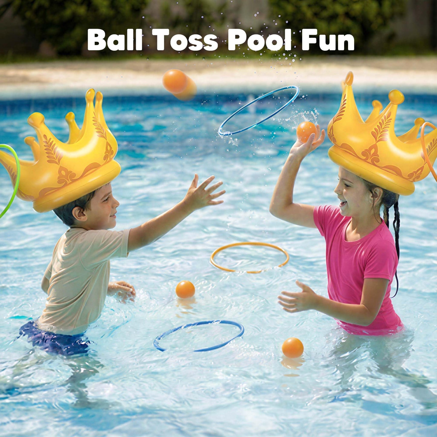 Funscape 2PCS Crown Pool Toy, Kids Inflatable Ring & Ball Toss Water Games