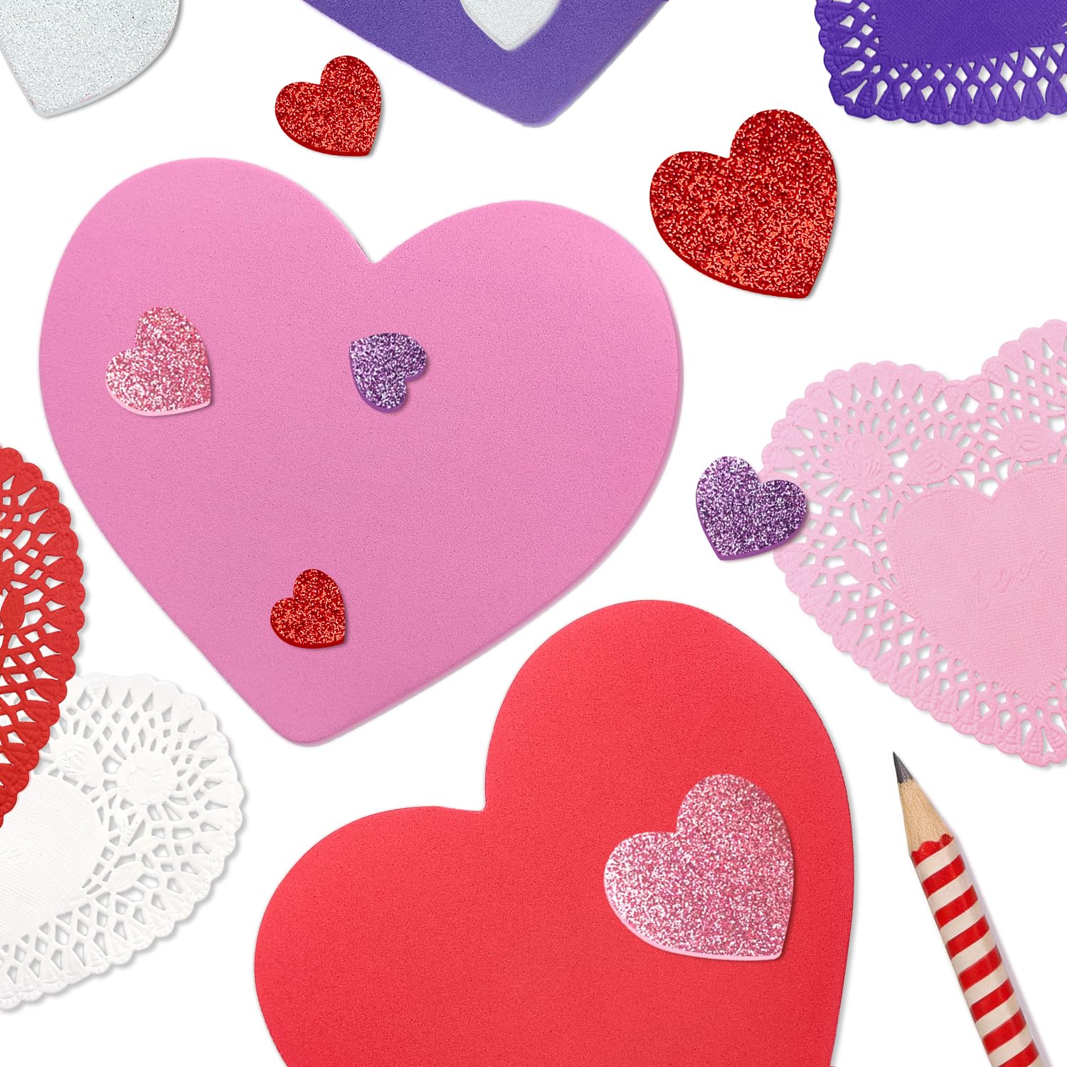 mufanyu 200 Pcs Valentines Day Crafts Gifts Set with 100 Heart Doilies, 20 Foam Hearts, 2 Bags Valentine Foam Stickers, DIY Crafts Scrapbook Supplies