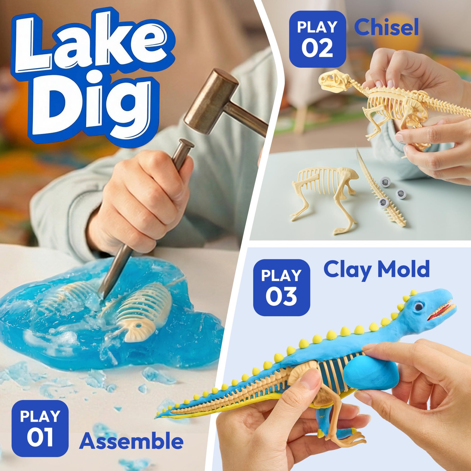 JOVA Klever Kits 3-in-1 Dinosaur Fossil Digging Kit STEM Learning Toys with Glow in The Dark Dinosaurs and Sensory Play Sand, DIY Your Own Dinosaur