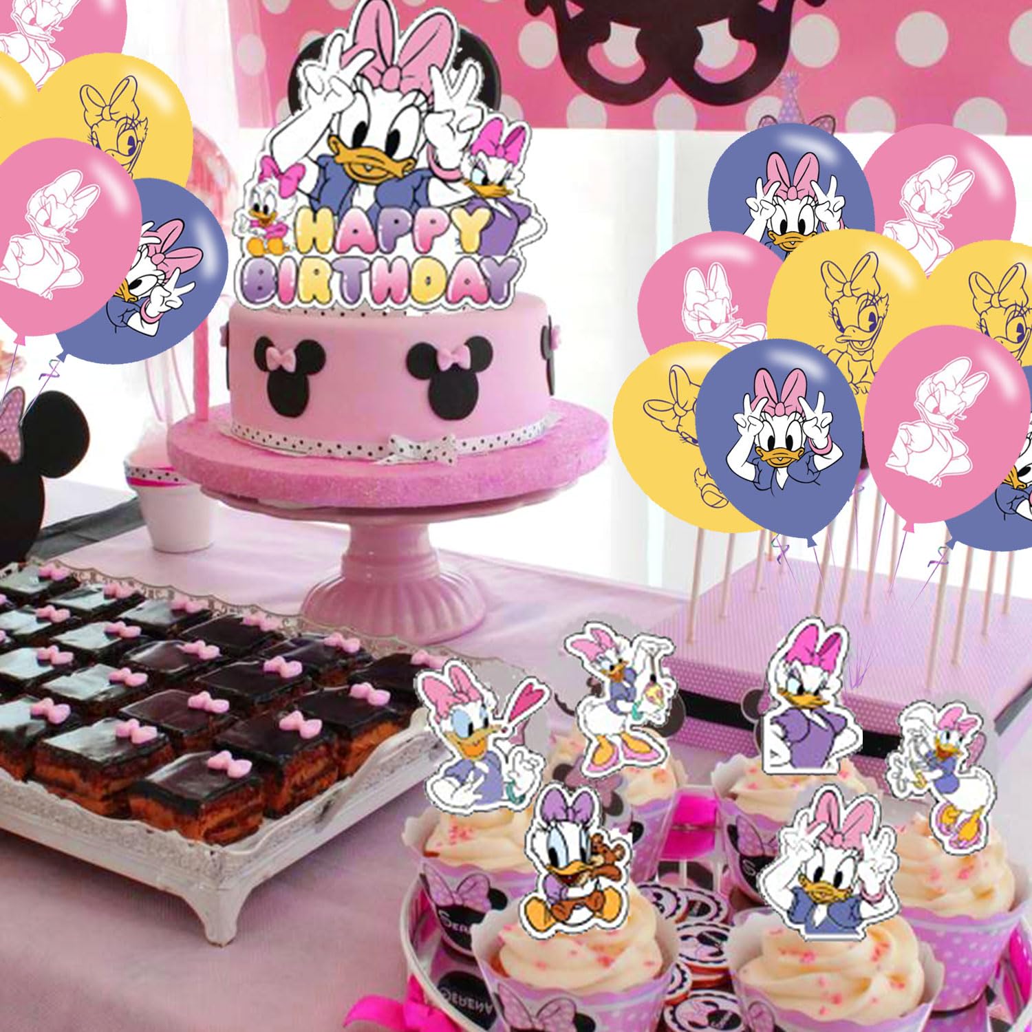 Daisy Duck Party Decoration Set - Movie Theme Banner, Cake Topper, Latex Balloons for Fan's Birthday Supplies