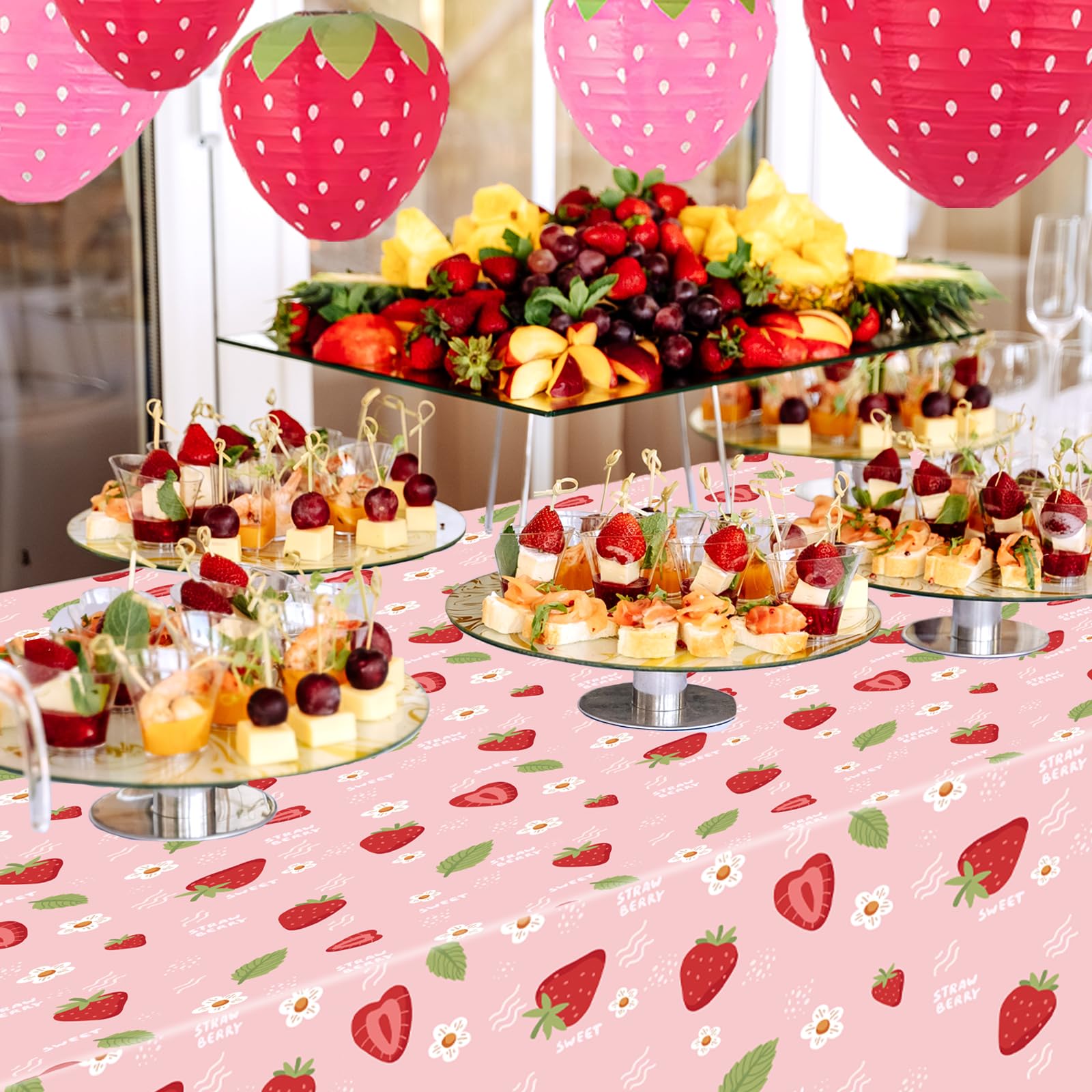 Ayearparty 4 Pack Strawberry Tablecloth Sweet One Birthday Table Cover Berry First Birthday Decorations Plastic Strawberry Theme Party Decor Party