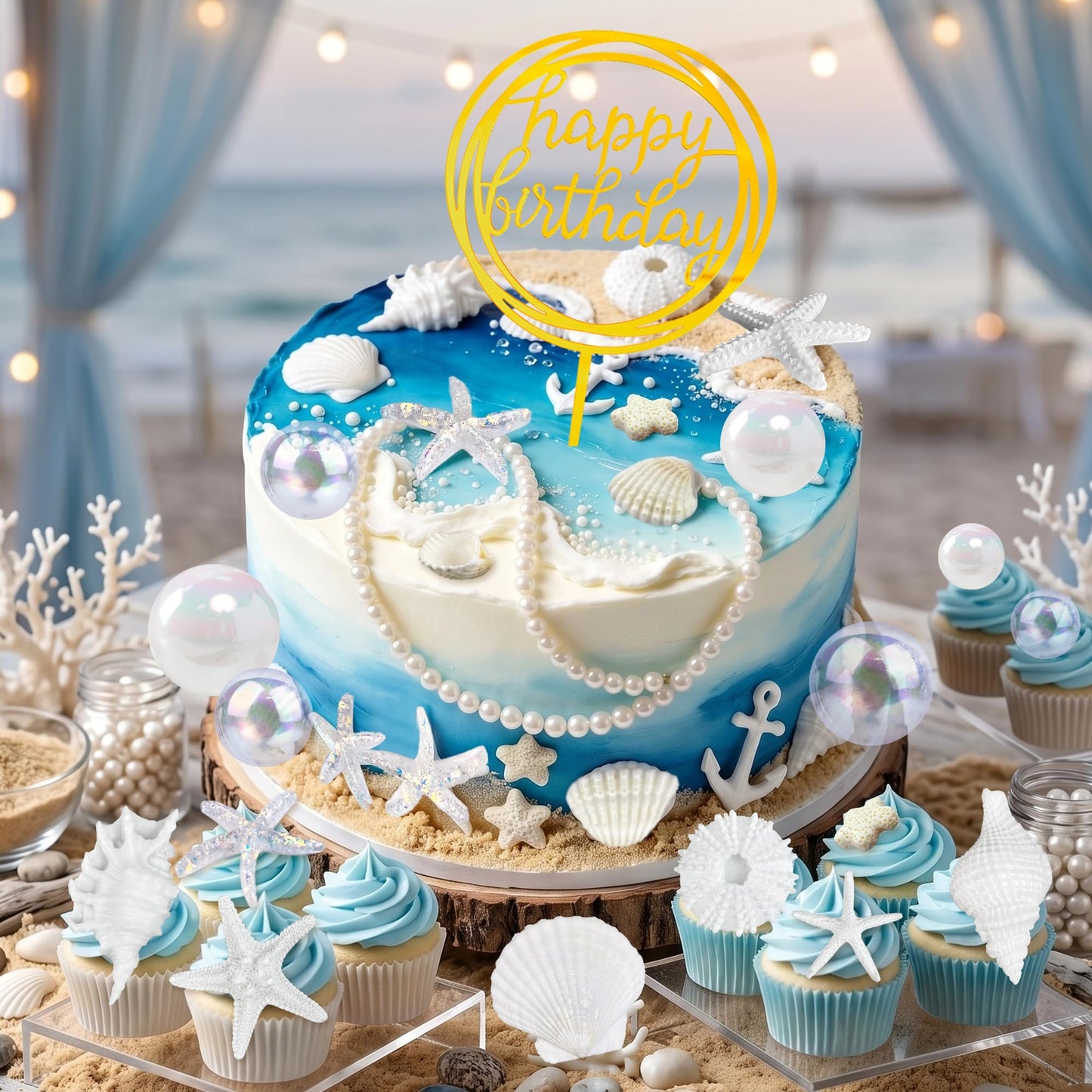 33PCS Shells Cake Toppers Beach Theme Wedding Birthday Cake Decorations Artificial Starfish for Summer Hawaiian Party