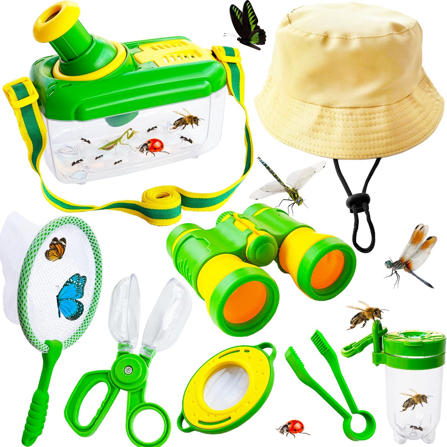 Bug Catcher Kit for Kids,8 Pcs Kids Bug Habitat with Bug Collector Butterfly Net Magnifying Glass Binoculars Tweezer Hats,Outdoor Explorer Kit
