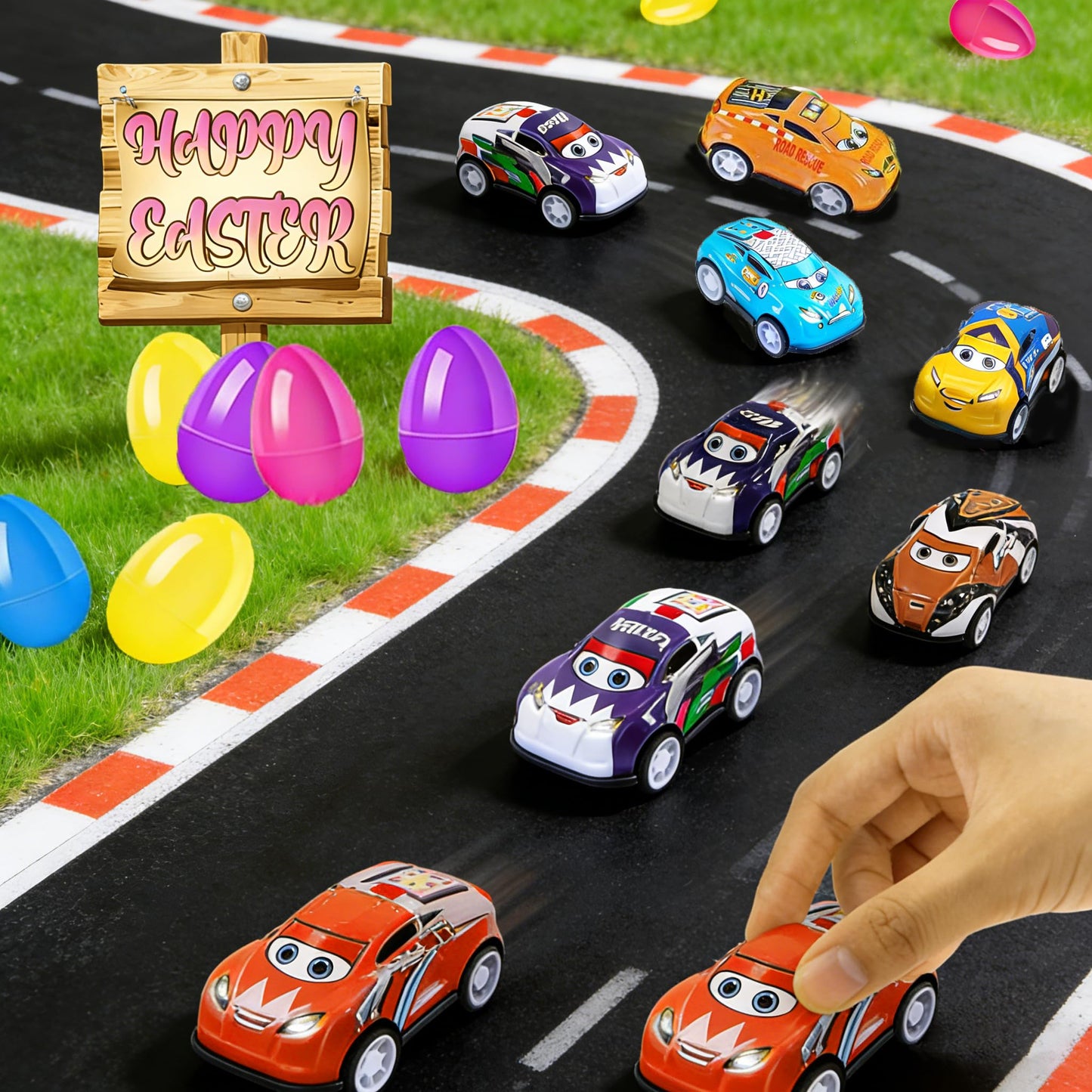 24 Pack Prefilled Easter Eggs Pull Back Cars,Mini Easter Race Cars for Kids Toddlers Egg Hunt Basket Stuffers Filler Surprise Egg Party Favor