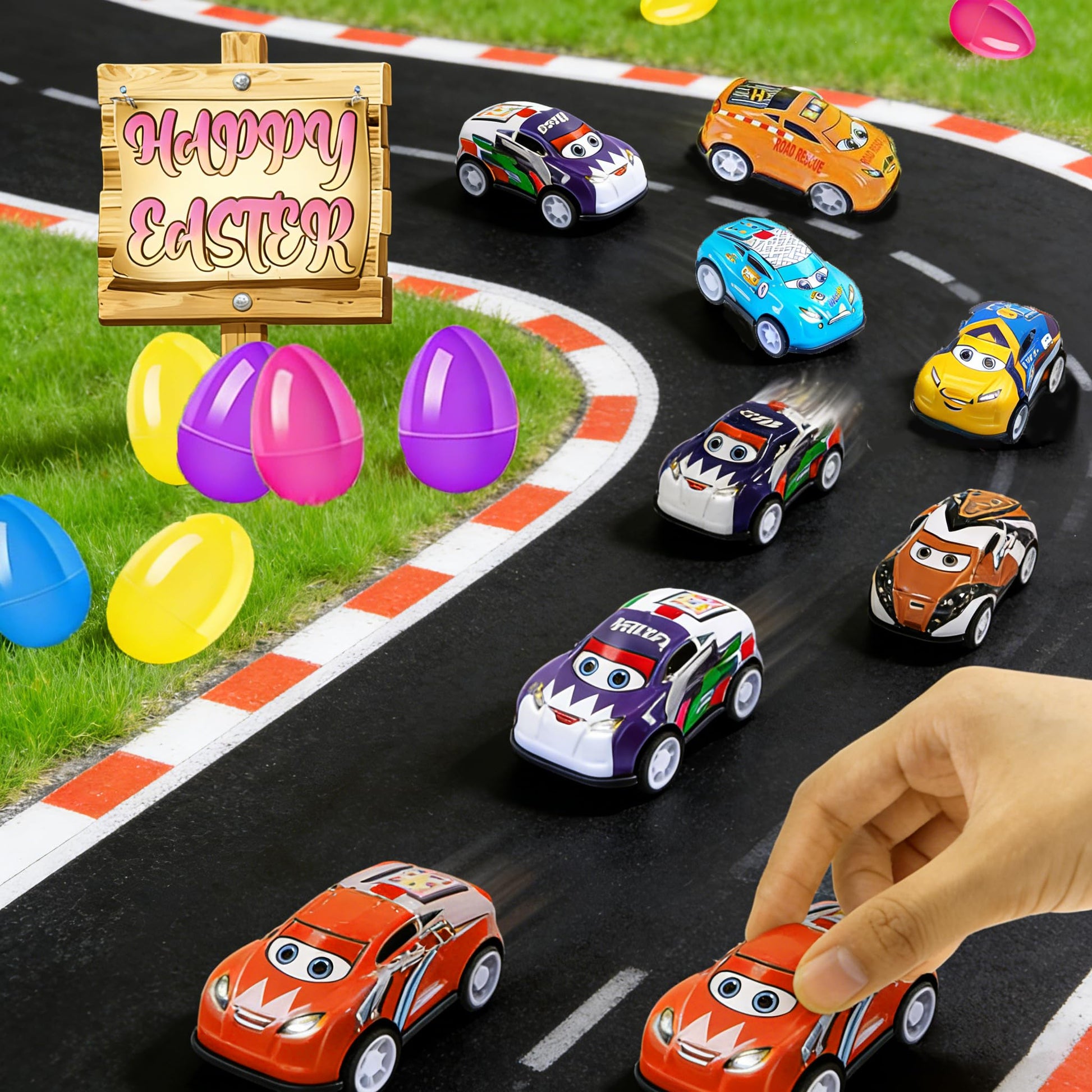 24 Pack Prefilled Easter Eggs Pull Back Cars,Mini Easter Race Cars for Kids Toddlers Egg Hunt Basket Stuffers Filler Surprise Egg Party Favor