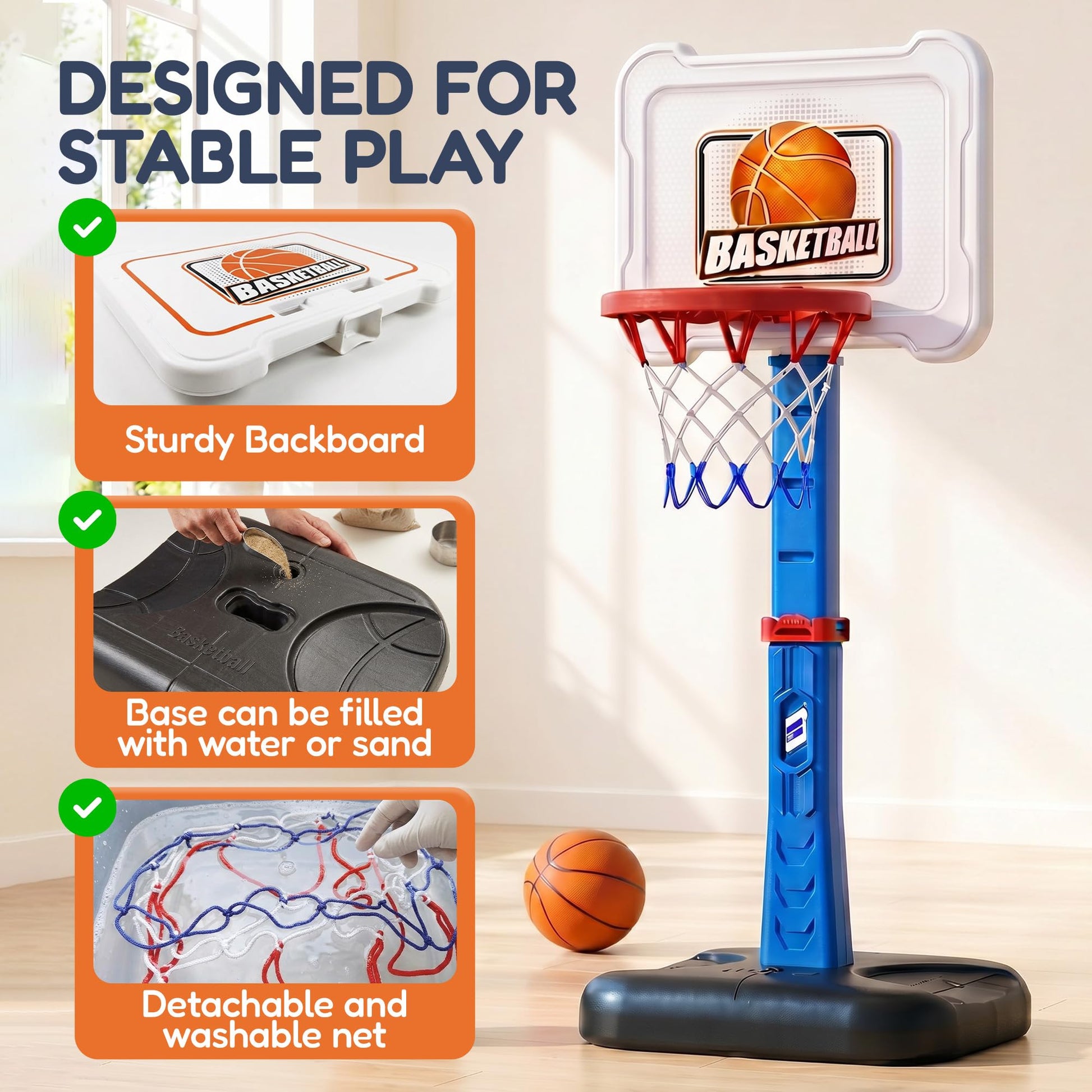 Homeli Toddler Basketball Hoop for Indoor Outdoor Play, Adjustable Mini Basketball Hoop with 3 Soft Balls & Pump, Easy to Assemble Basketball Goal