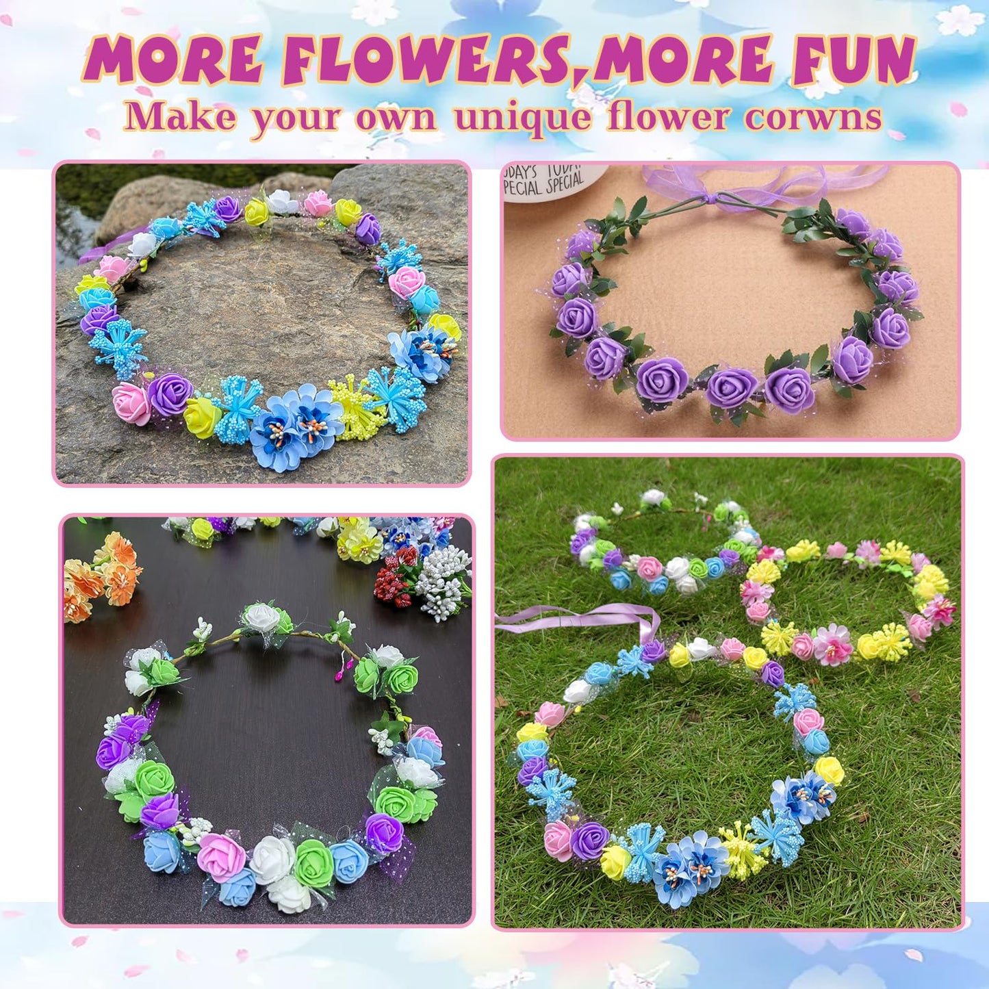 WUBOMJIO Flower Crowns Craft Kit, Make Your Own 12 PCs Floral Crowns Garland Handmade Arts and Crafts Kit, DIY Fairy Flower Headbands