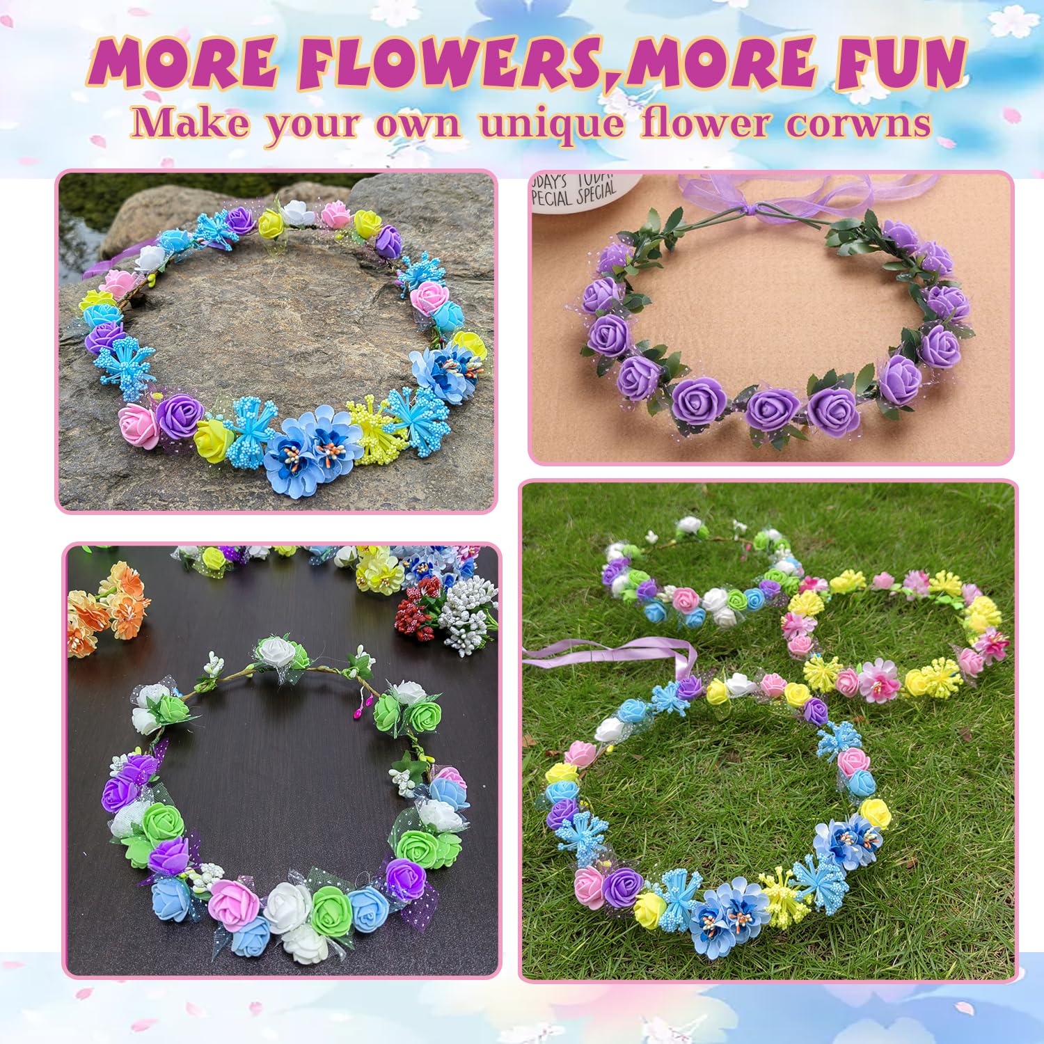WUBOMJIO Flower Crowns Craft Kit, Make Your Own 12 PCs Floral Crowns Garland Handmade Arts and Crafts Kit, DIY Fairy Flower Headbands