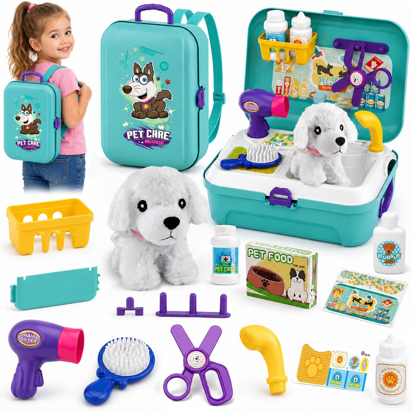 TEUVO Pet Care Play Set Doctor Kit for Kids, 16 Pcs Doctor Pretend Play Vet Dog Grooming Toys Puppy Dog Carrier Feeding Dog Backpack Gifts for Girls