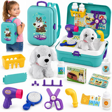 TEUVO Pet Care Play Set Doctor Kit for Kids, 16 Pcs Doctor Pretend Play Vet Dog Grooming Toys Puppy Dog Carrier Feeding Dog Backpack Gifts for Girls