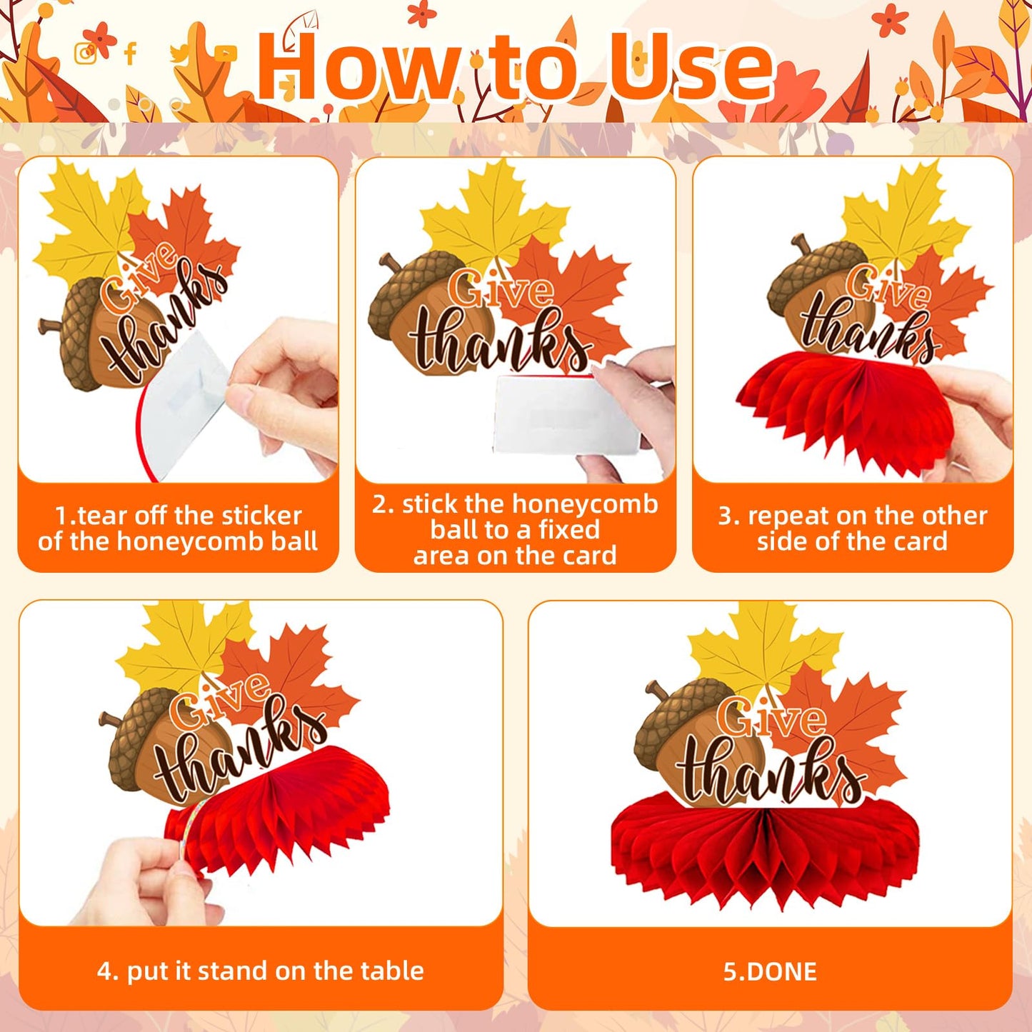 9 Pieces Thanksgiving Honeycomb Centerpieces Table Decor, Turkey Pumpkin Cornucopia Harvest Fall Party Table Topper Ornaments Signs, Fun Autumn