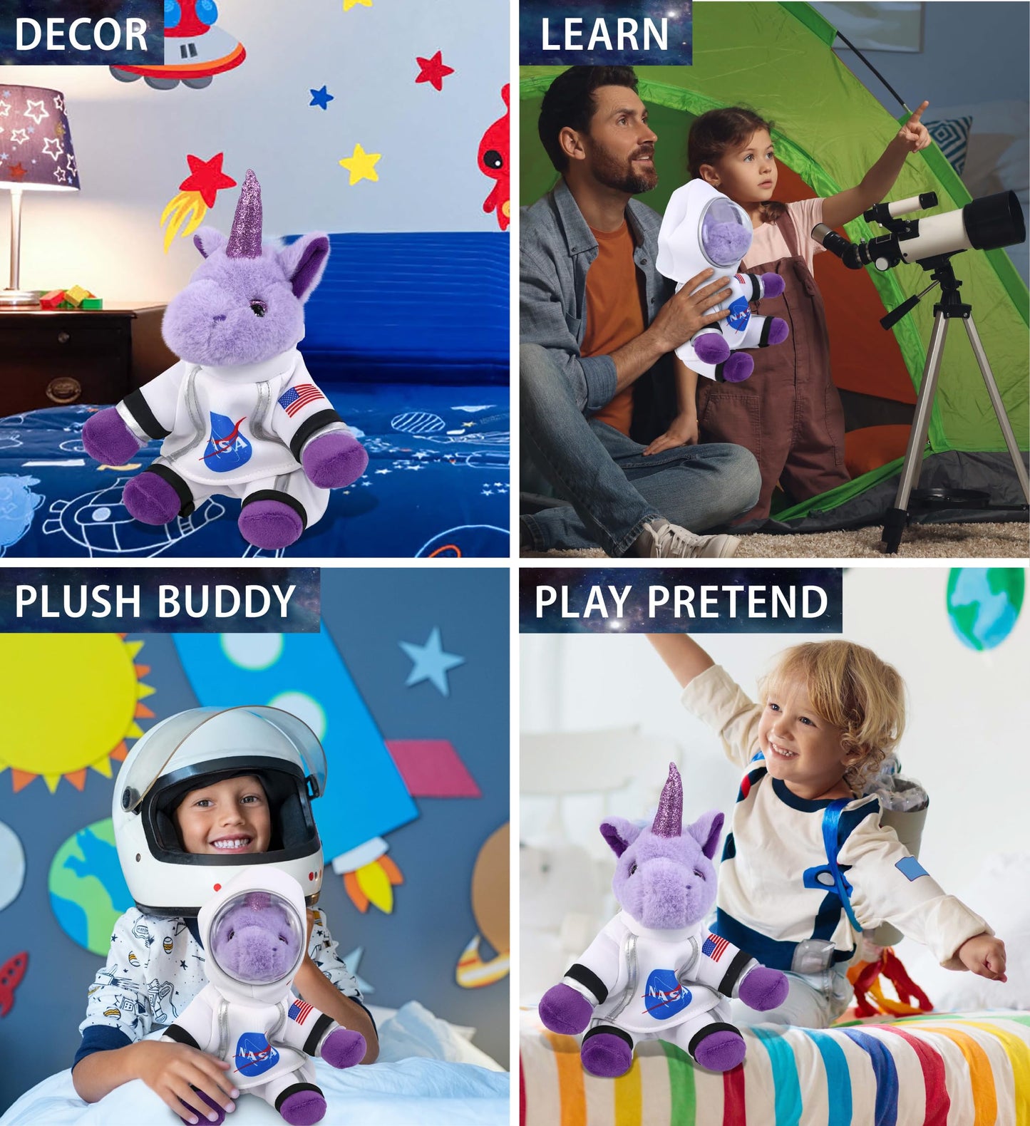 DolliBu Purple Unicorn Astronaut Plush Toy - Fantasy Astronaut Stuffed Animal with Space Helmet and NASA Astronaut Suit, Spaceman Doll Decor for Girls