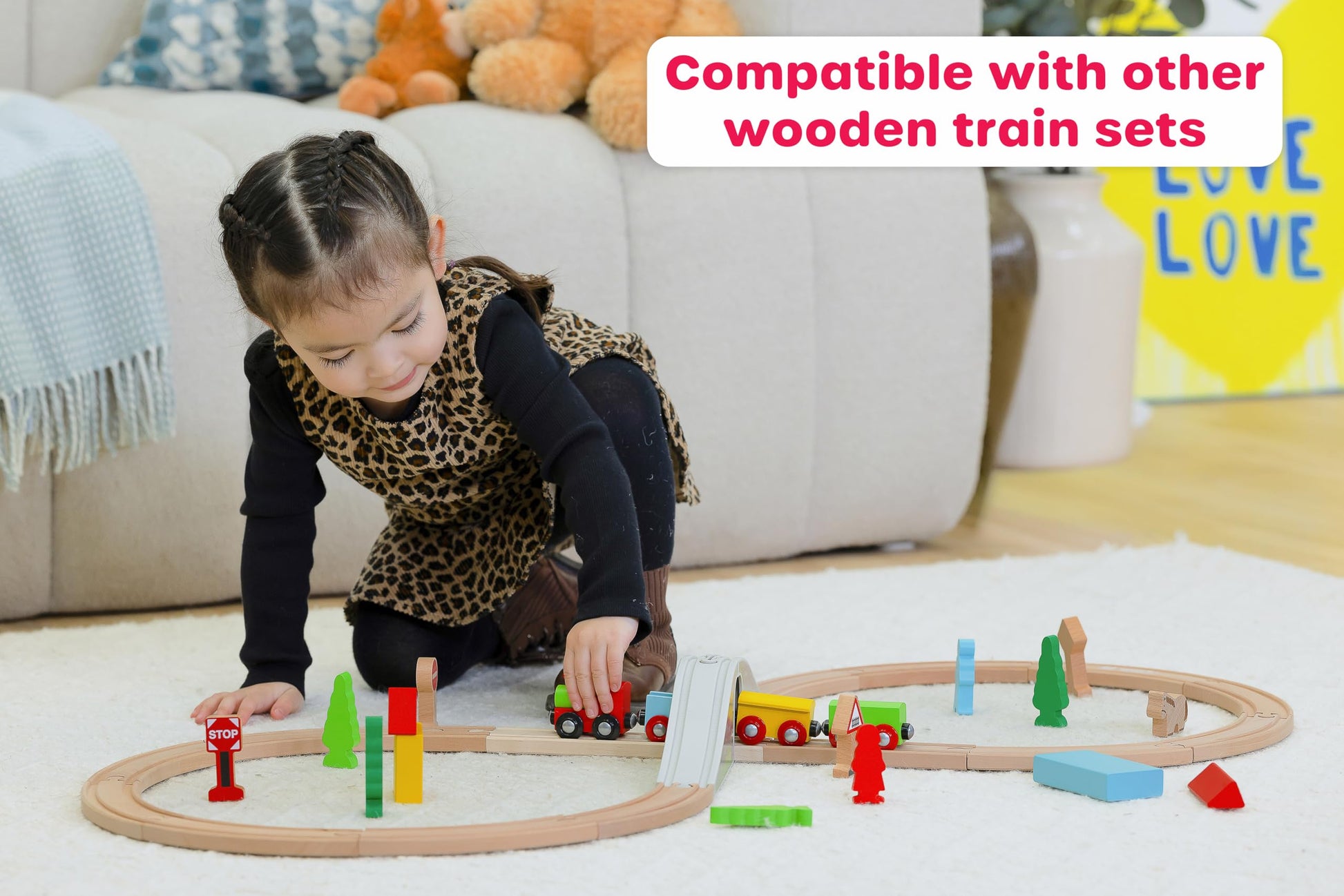 Jasey's Toy Chest 33-Piece Wooden Little Town Train Adventure Set | Interlocking Tracks, Bridge, & Town Accessories | Compatible with Other Wooden