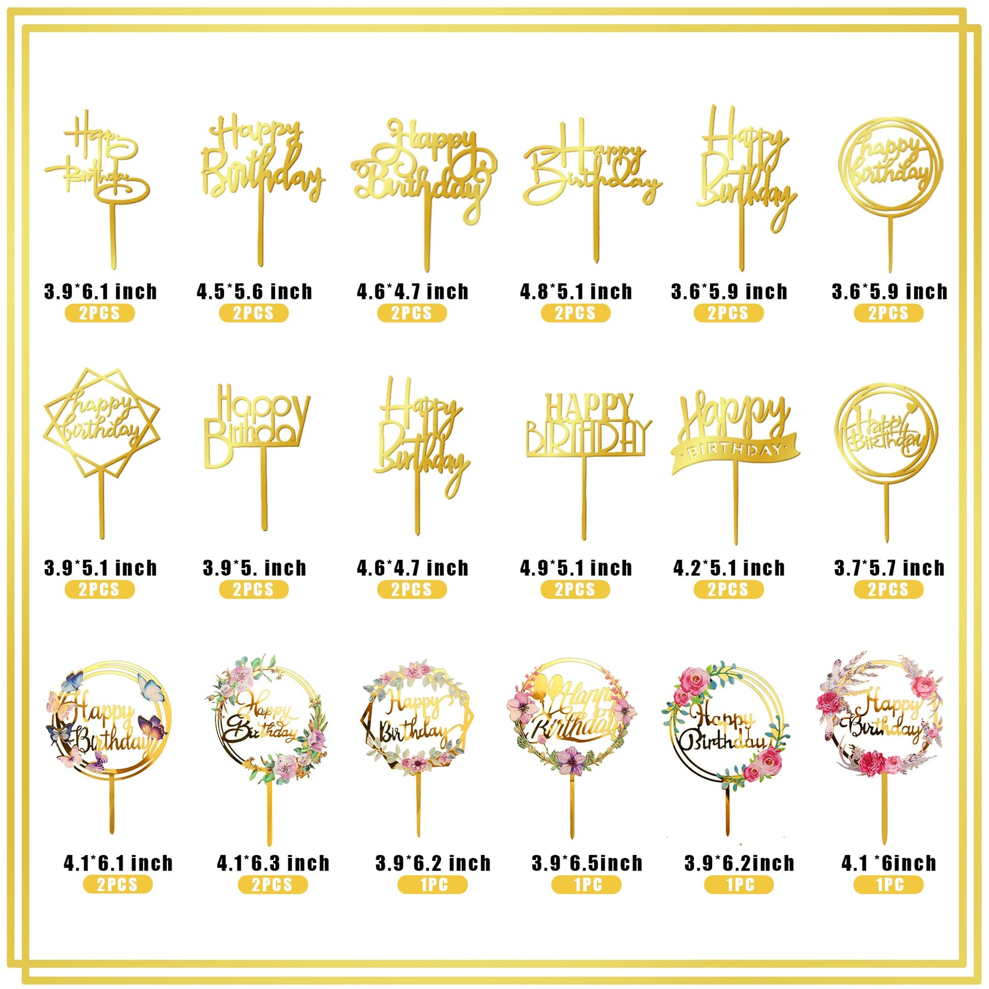 32 PCS Gold Happy Birthday Cake Toppers Flower Acrylic Birthday Cake Topper Cake Pick Decorations (Gold)