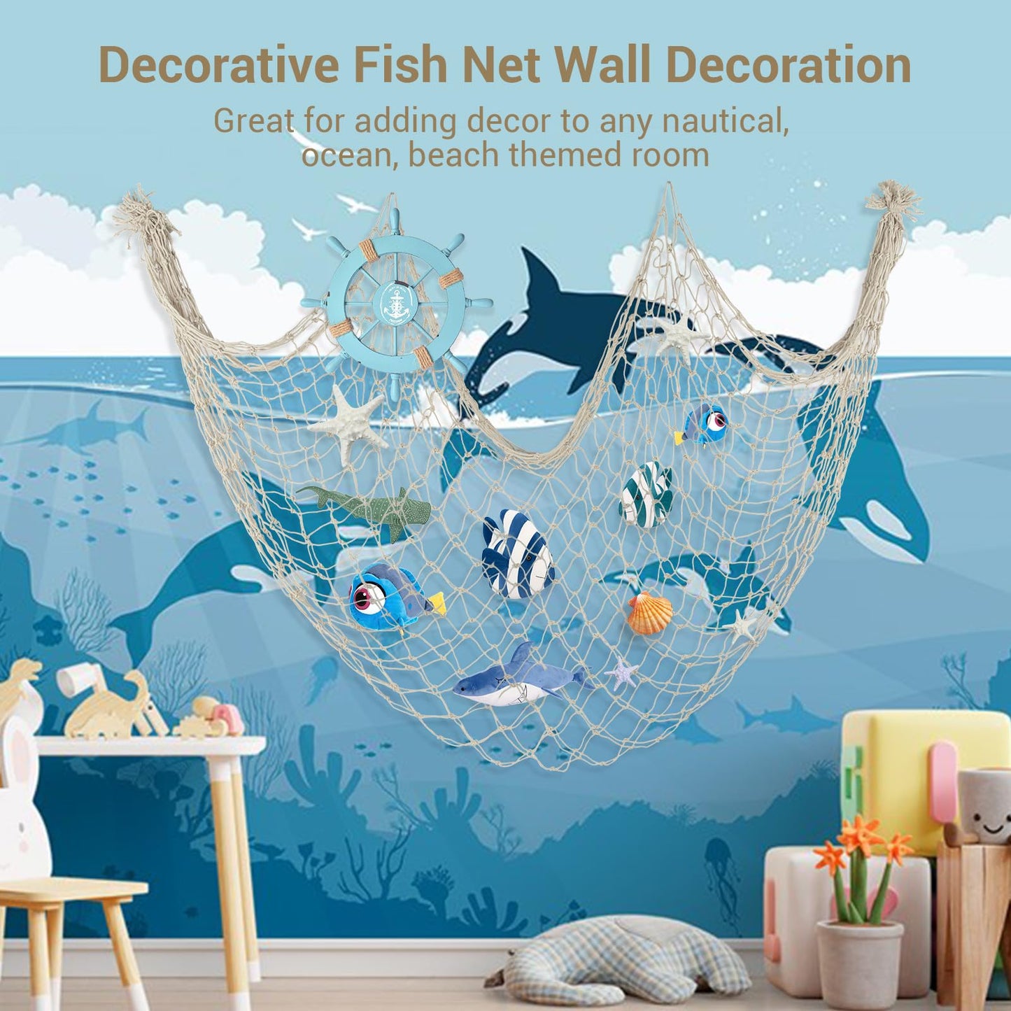 80x40 Inch Fishing Net Decor, 3mm Beige Natural Cotton Large Decorative Fish Netting Table Runner, Wall Ceiling Halloween Party Decorations for Pirate