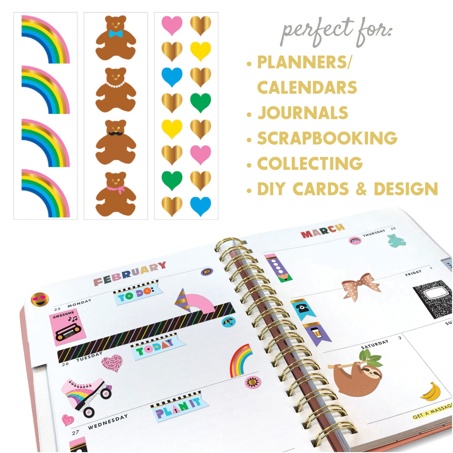 Mrs. Grossman's Beary Cute 3-Roll Sticker Gift Box with Over 175 Premium Stickers with Bears, Rainbows, and Hearts for Collecting, Scrapbooking
