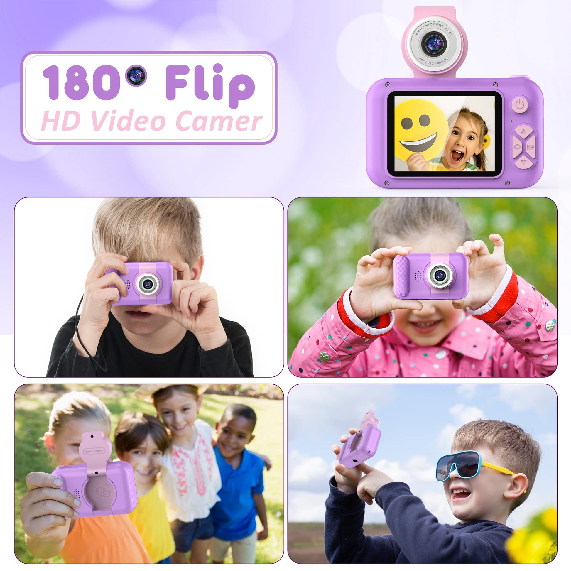 PURULU Kids Camera with 180° Flip-up Lens for Selfie & Video, HD Digital Video Cameras for Toddler with 32GB SD Card, Ideal for 3-8 Years Old Girls
