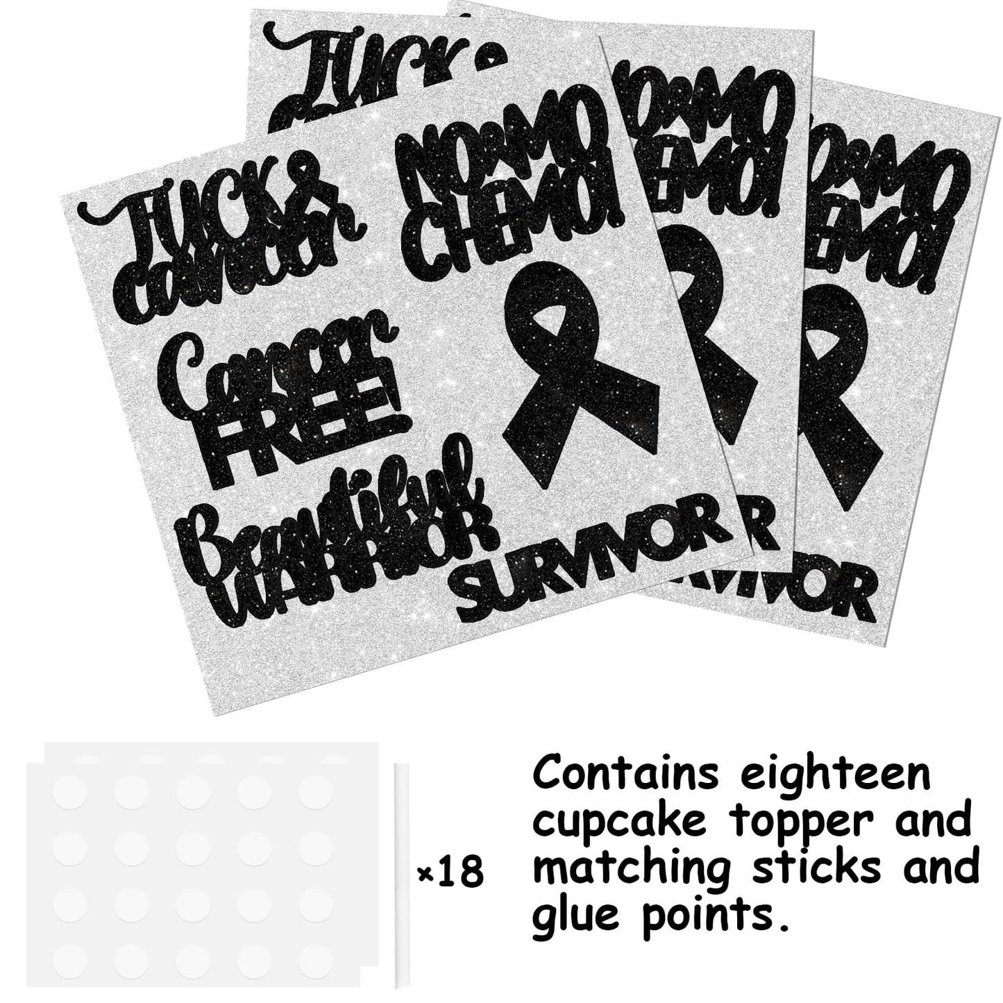 18pcs Black Glitter Dessert Cupcake Topper Cancer Chemo Free Survivor Warrior Theme Decor Supplies Breast Cancer Breast Care Awareness Birthday Party