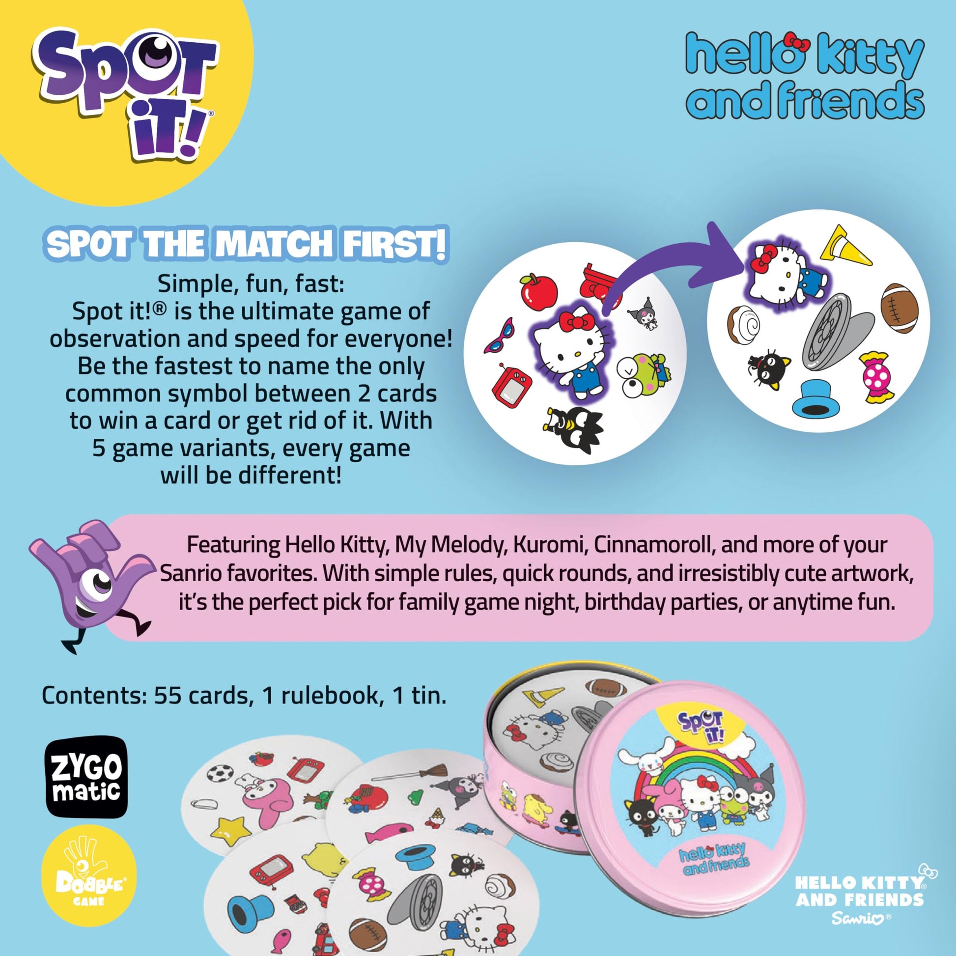 Spot It! Hello Kitty & Friends, A Think Fast Quick Reflex & Perception Game, Featuring Hello Kitty, My Melody, Kuromi, Cinnamoroll & More, Ages 4+