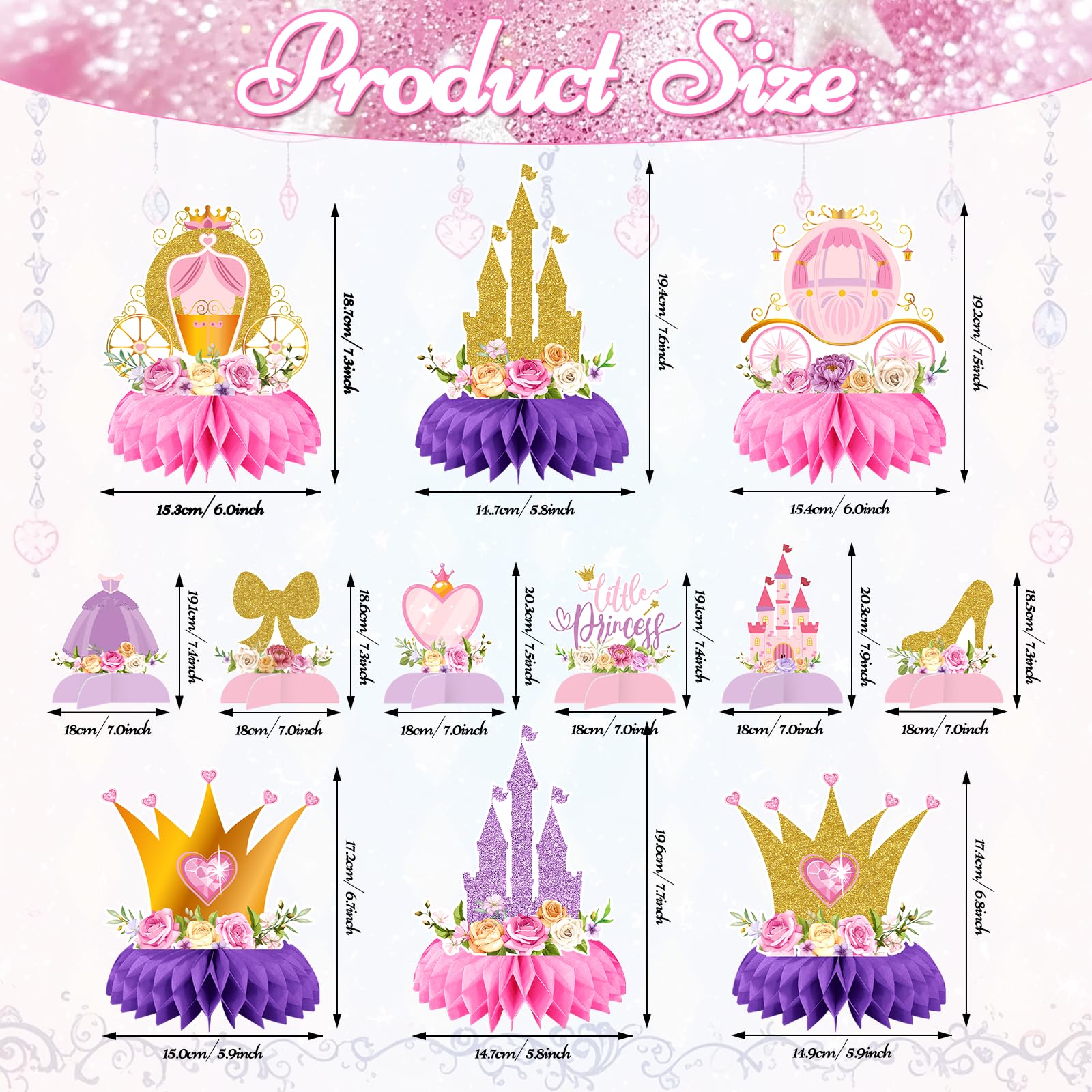 12 Pcs Princess Castle Honeycomb Centerpieces - Little Princess Party Table Decorations with Crowns, Castles, Bows and Hearts for Birthday Party, Baby