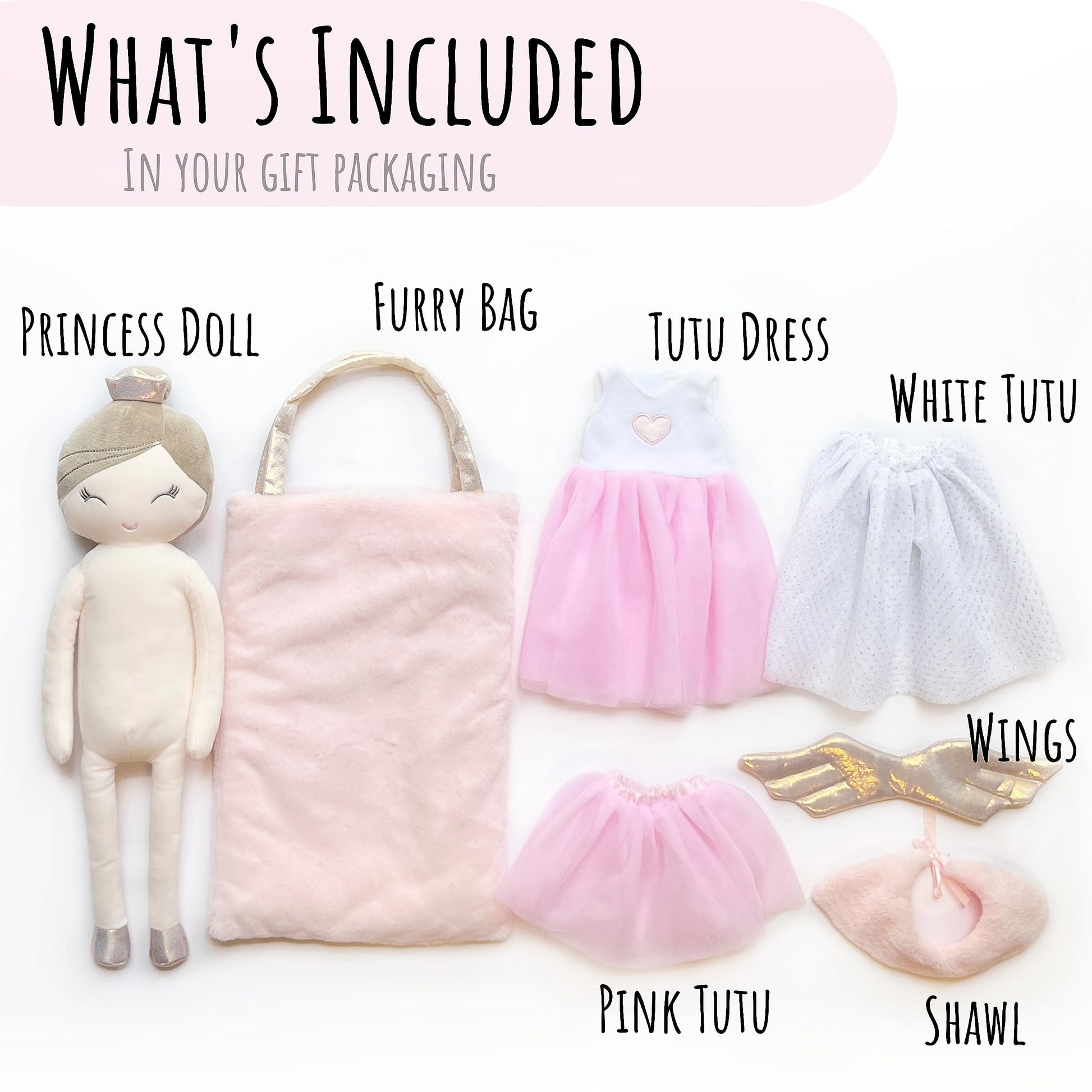 Perfectto Design Ballerina Princess Doll Stuffed Animal for Girls Toy Set - Bag, Tutu, Wings Play for 3 4 5 Year Old Girl Gift for Little Girl