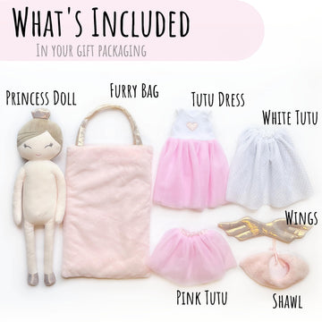 Perfectto Design Ballerina Princess Doll Stuffed Animal for Girls Toy Set - Bag, Tutu, Wings Play for 3 4 5 Year Old Girl Gift for Little Girl