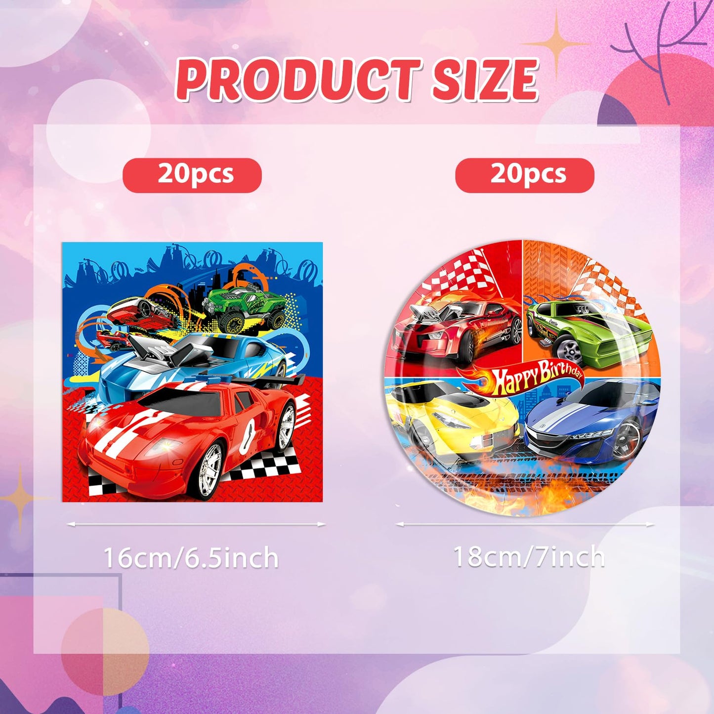 DURYGEN 40 Pieces Cars Birthday Party Decorations Hot Car Disposable Tableware Set Include Racing Car Plates Napkins Party Supplies Kit for Kids Boys