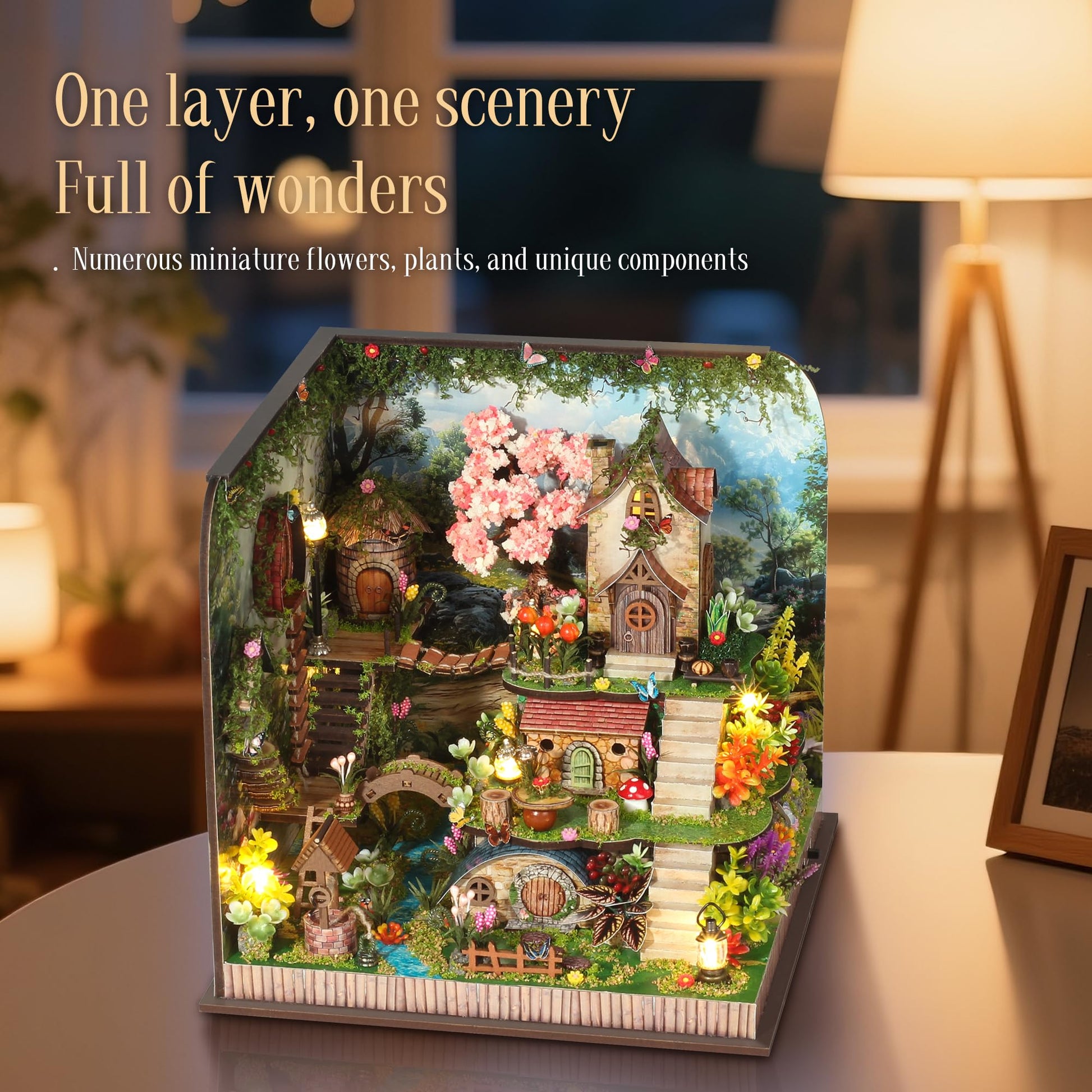 Splashora DIY Miniature Dollhouse Kit, Forest Fairyland with Cherry Blossom Tree, Tiny House Building Kit for Adults DIY Crafts Birthday for Family