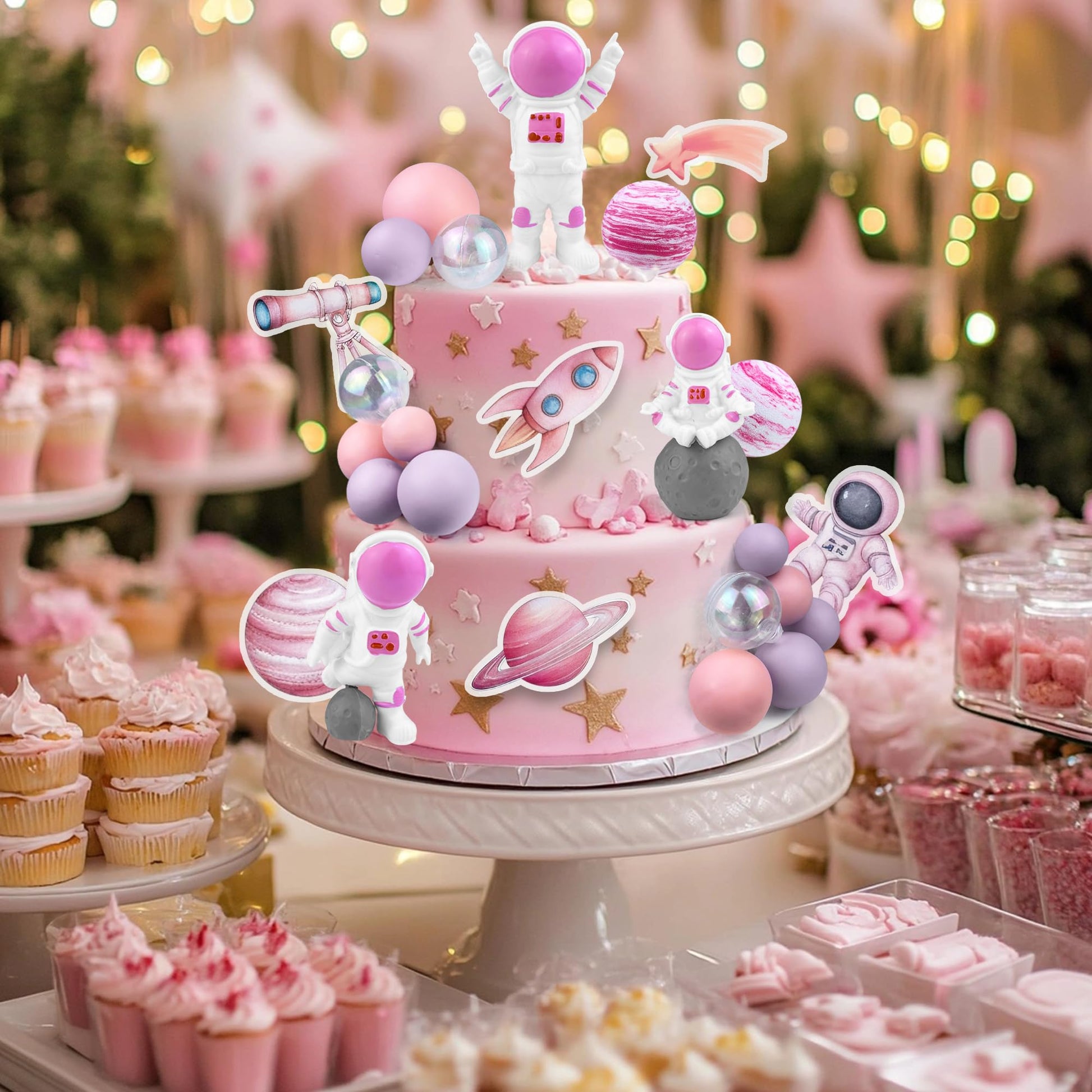 27 PCS Pink Space Cake Toppers Astronaut Figurines Outer Space Astronaut Planet and Rocket DIY Cake Topper for Birthday Party Baby Shower Supplies