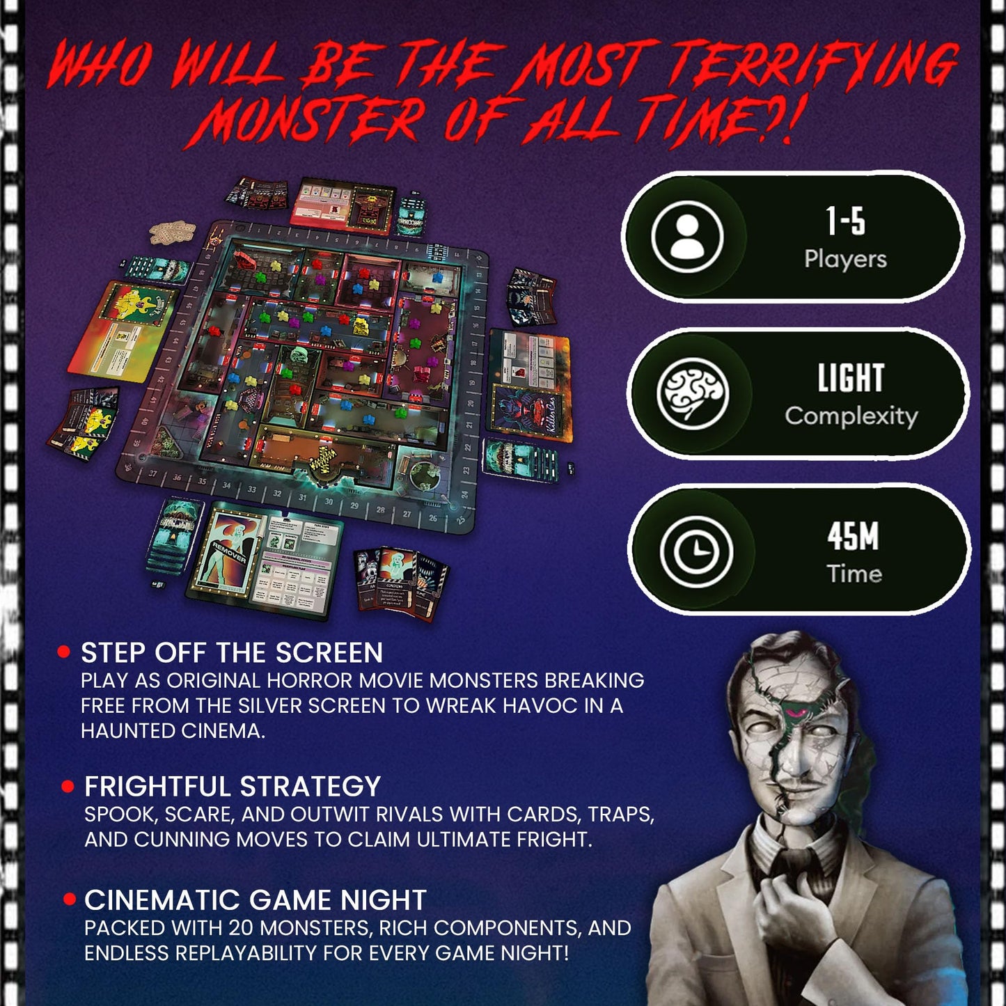 Spooktacular Board Game - Play as 20 Spooky Cinema Monsters, Horror Strategy Game for 1-5 Players