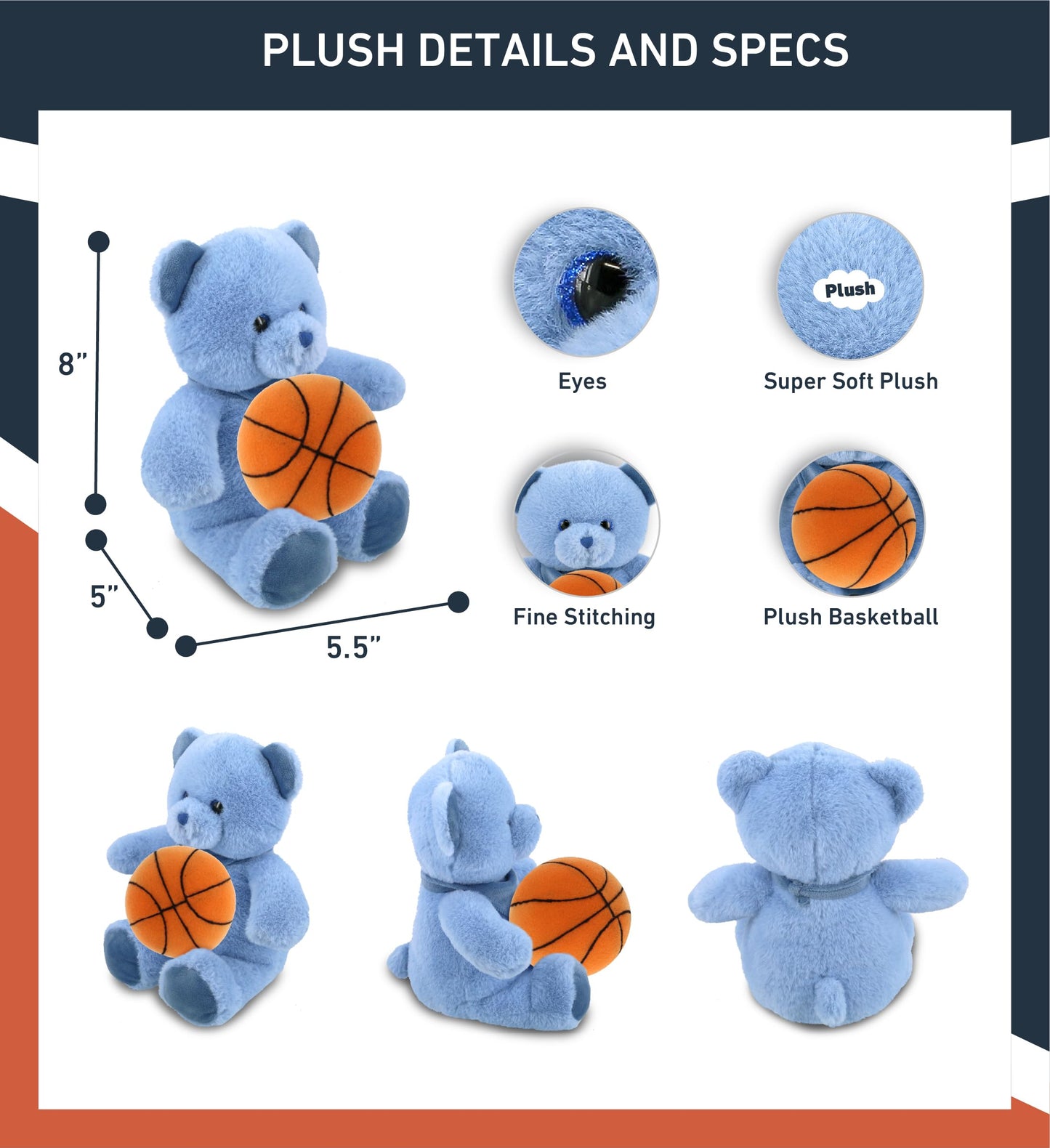 DolliBu Baby Blue Bear Stuffed Animal with Basketball Plush - Soft Huggable Blue Bear, Adorable Playtime Plush Toy, Cute Wildlife Gift, Personalized
