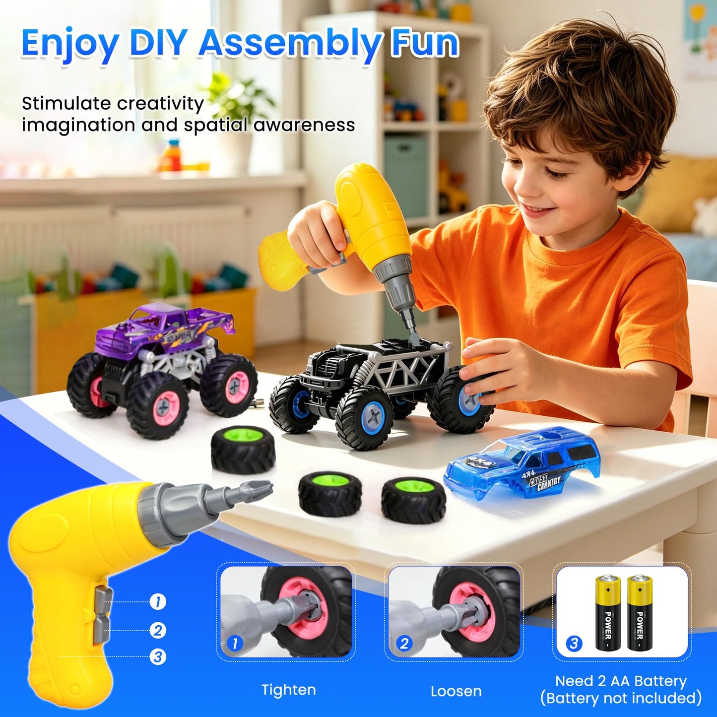 Sisxmif Take Apart Monster Truck Toys for Boys Age 4-7, Educational STEM Building Toys with Electric Drill & Storage Box, Monster Trucks Gifts for 3-5