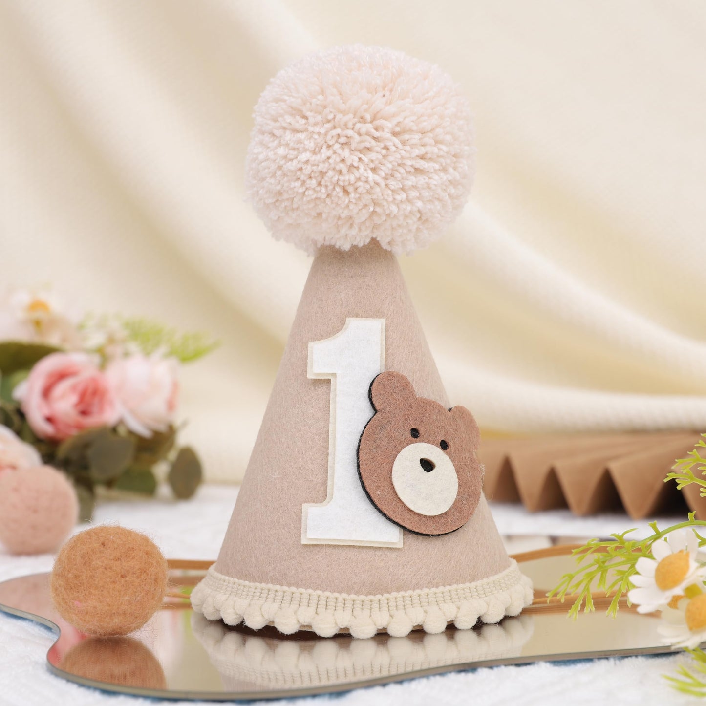 HIKLO Bear 1st Birthday Hat - Beary First Birthday Cone Hat, Woodland Party Decoration, One Happy Camper Party Supplies, Bear Theme Photo Props Cake