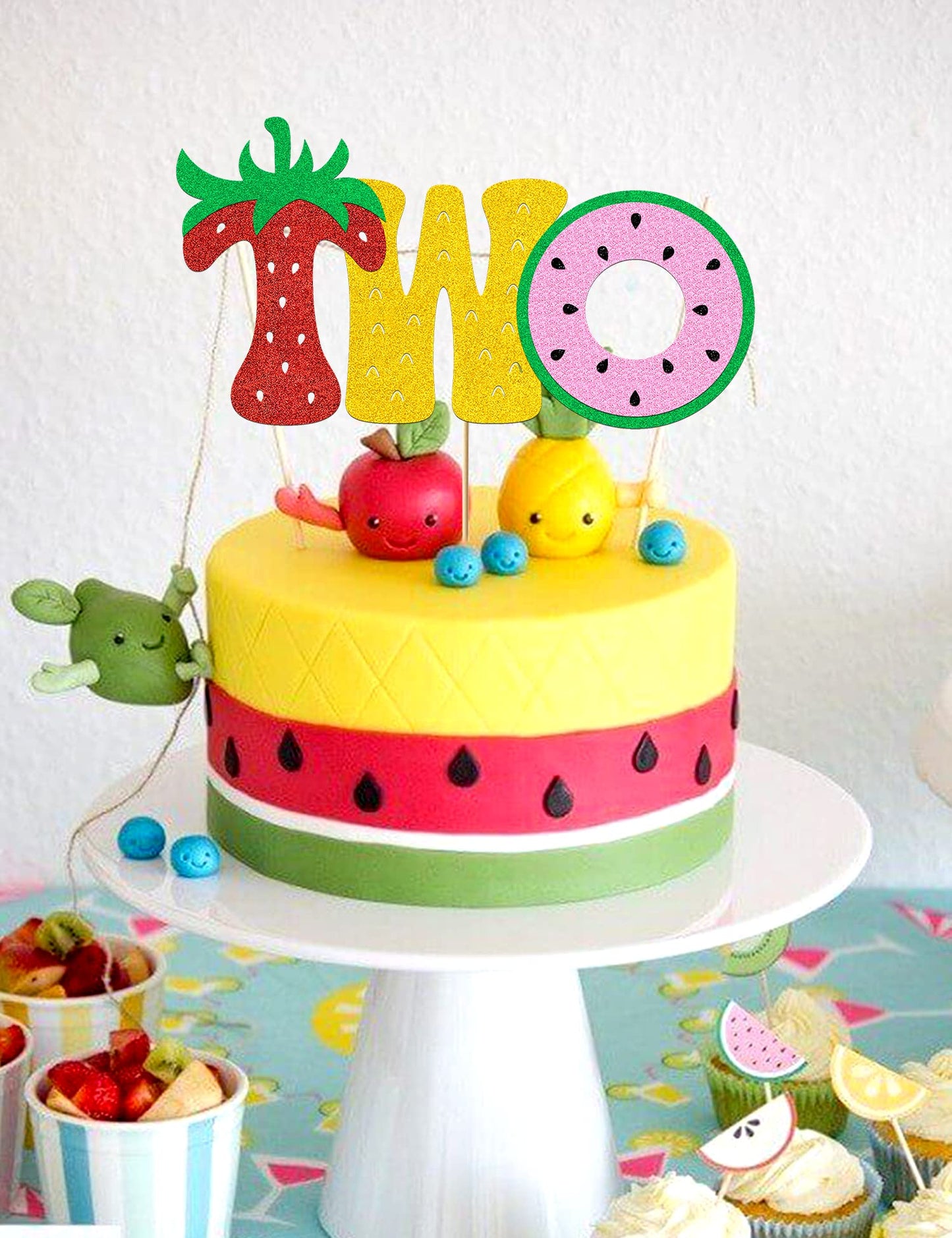 Fruit Two Cake Topper Glitter Gold Fruity Two Cake Decorations for Girls Boys Strawberry Watermelon Pineapple Summer Fruits Happy Birthday Decorations