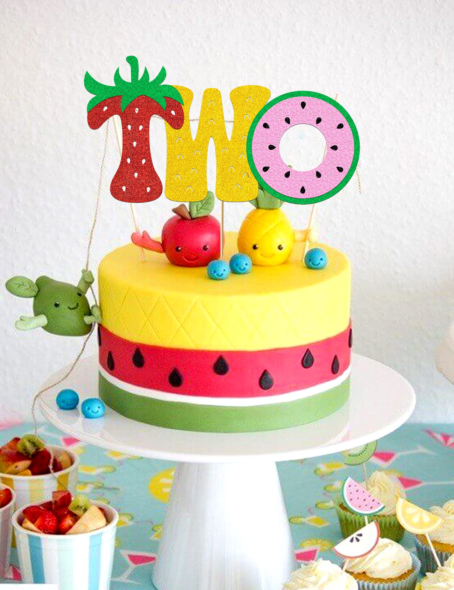 Fruit Two Cake Topper Glitter Gold Fruity Two Cake Decorations for Girls Boys Strawberry Watermelon Pineapple Summer Fruits Happy Birthday Decorations