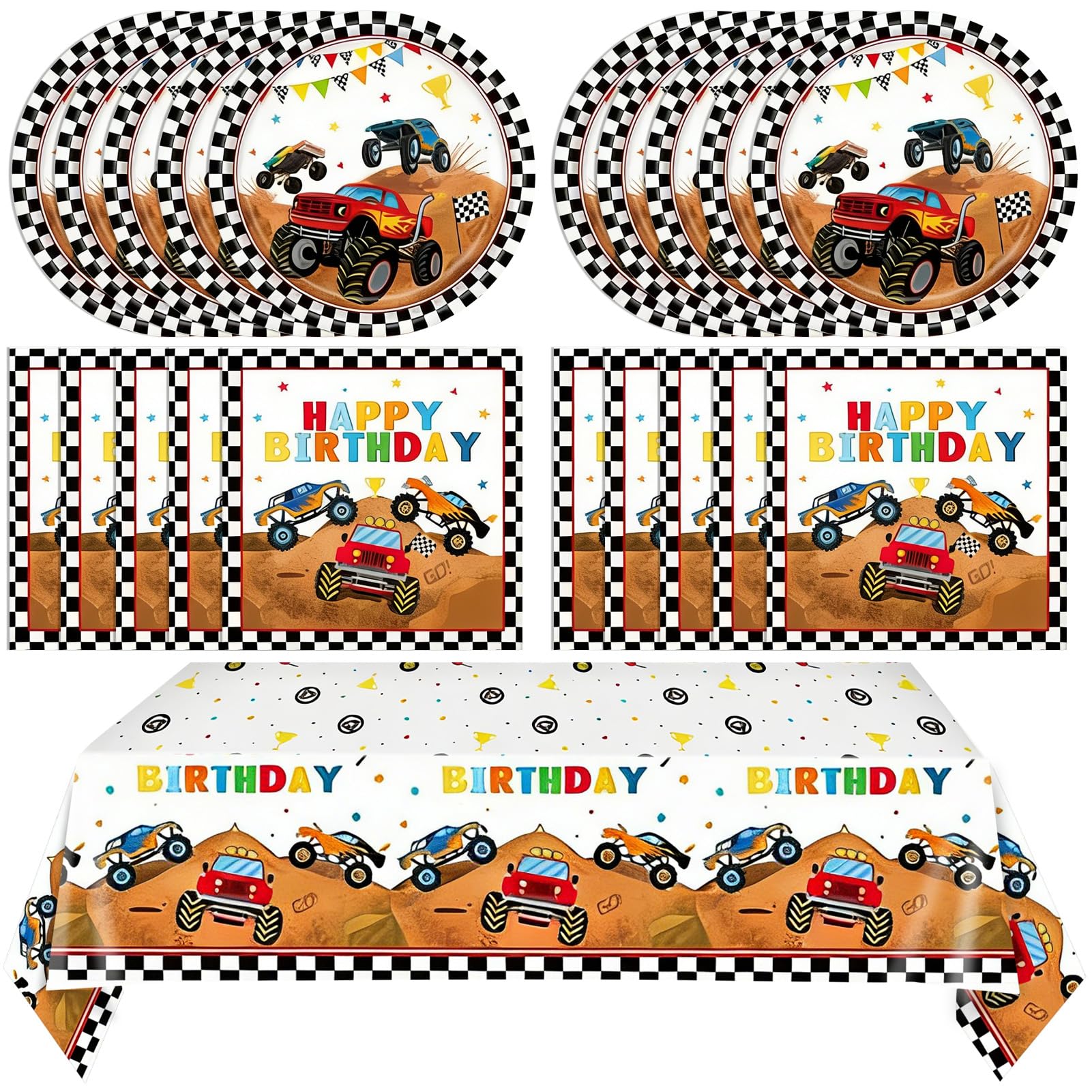 Monster Truck Birthday Decorations, 41Pcs Fun Monster Truck Party Supplies Tableware Include Kids Birthday Paper Plates Napkins and Tablecloths Set