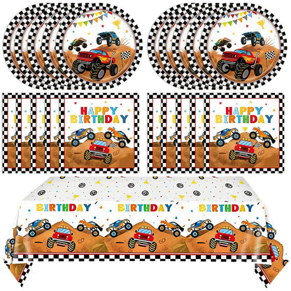Monster Truck Birthday Decorations, 41Pcs Fun Monster Truck Party Supplies Tableware Include Kids Birthday Paper Plates Napkins and Tablecloths Set