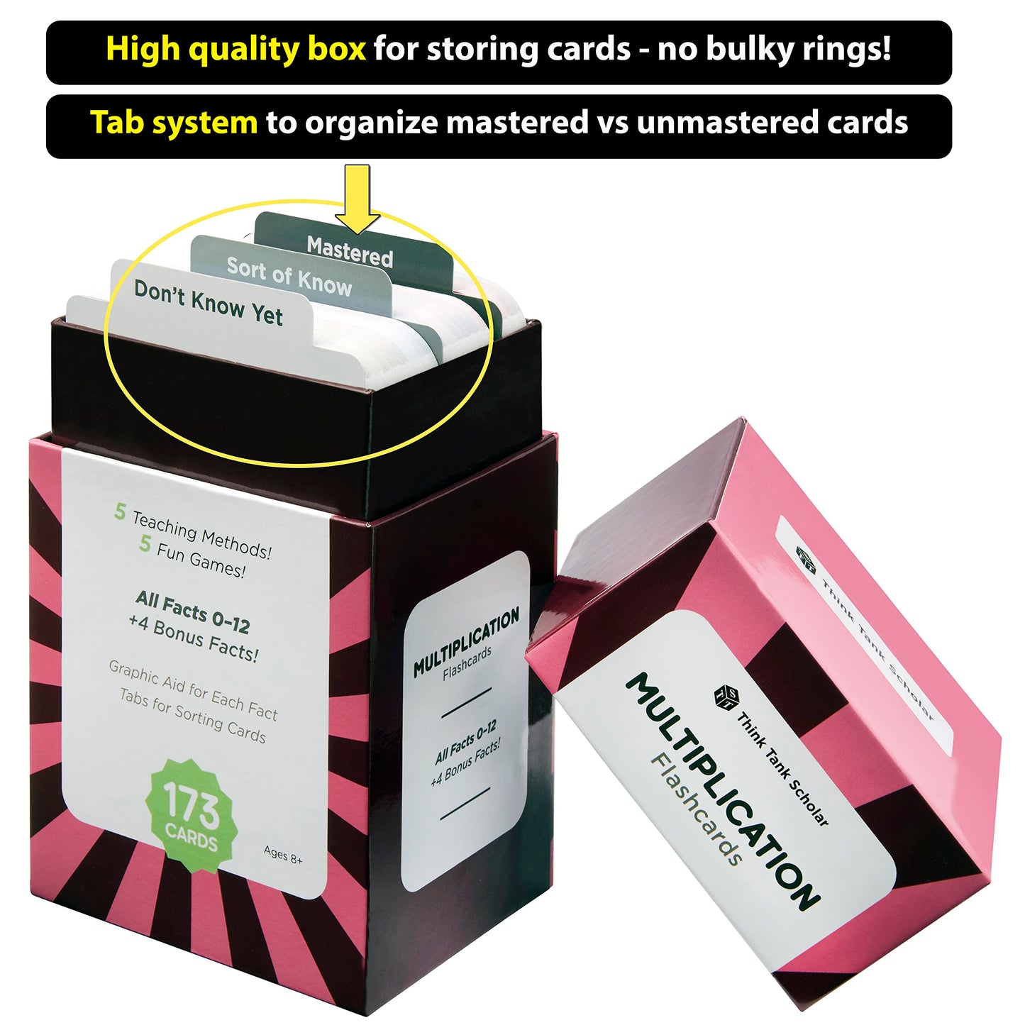 Award-Winning Multiplication Flash Cards - 173 Jumbo Cards (3.1” x 5.2”), All Facts 0-12 - 1 Fact & Visual Aid Per Card - Mastery Divider Tabs