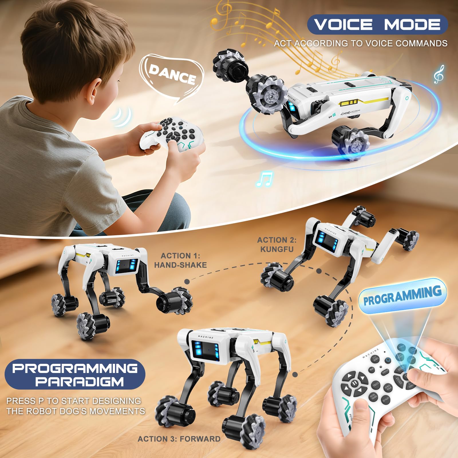 Smart Robot Dog with Wheels, 30+ Bionic Actions, Voice & Remote Control, Programmable Moves, Rechargeable Battery, All-Terrain Stunt Pet Toy for Kids