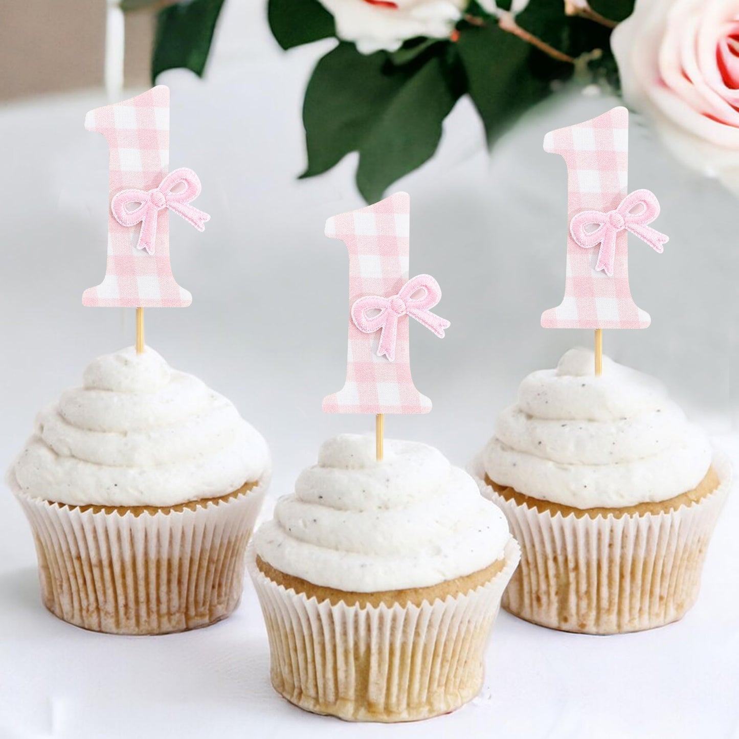 12Pcs Bow 1st Birthday Cupcake Toppers - Sweet One Birthday Decorations,First Wedding Anniversary Bowknot Cupcake Toppers,Pink Bow Cake Smash Photo