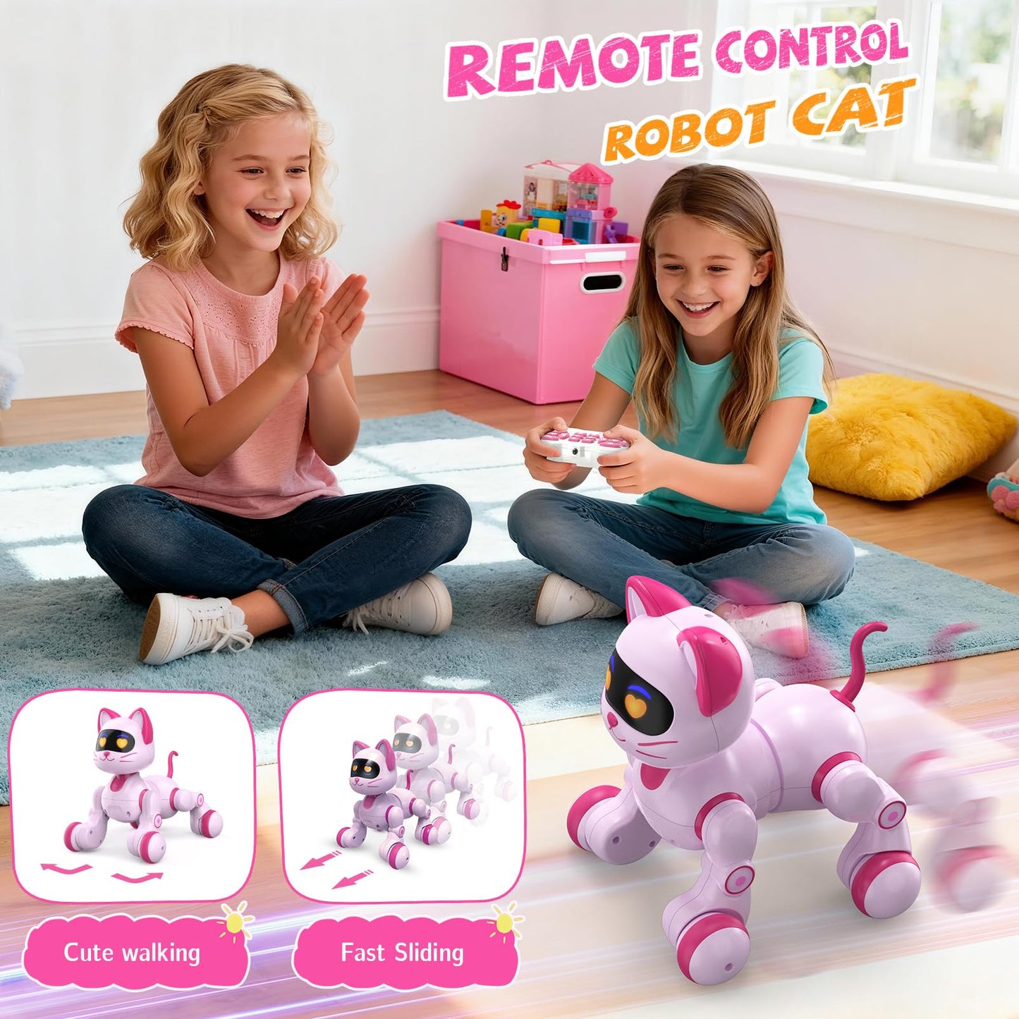 Robot Cat Toy for Kids, Interactive Robot Kitty with Touch Sensing, Remote Control Cat Robot Singing, Dancing, Walking, Sliding, Programmable Smart