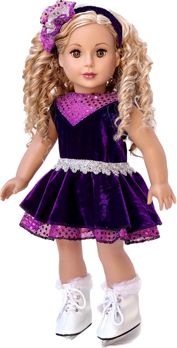Ice Skating Queen - 3 Piece Ice Skating Outfit for 18 Inch Dolls - Purple Leotard with Ruffle Skirt, Head Band and White Skates - 18 Inch Doll Clothes